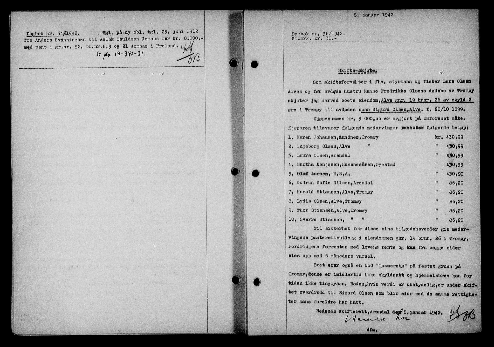 Nedenes sorenskriveri, AV/SAK-1221-0006/G/Gb/Gba/L0049: Mortgage book no. A-III, 1941-1942, Diary no: : 36/1942