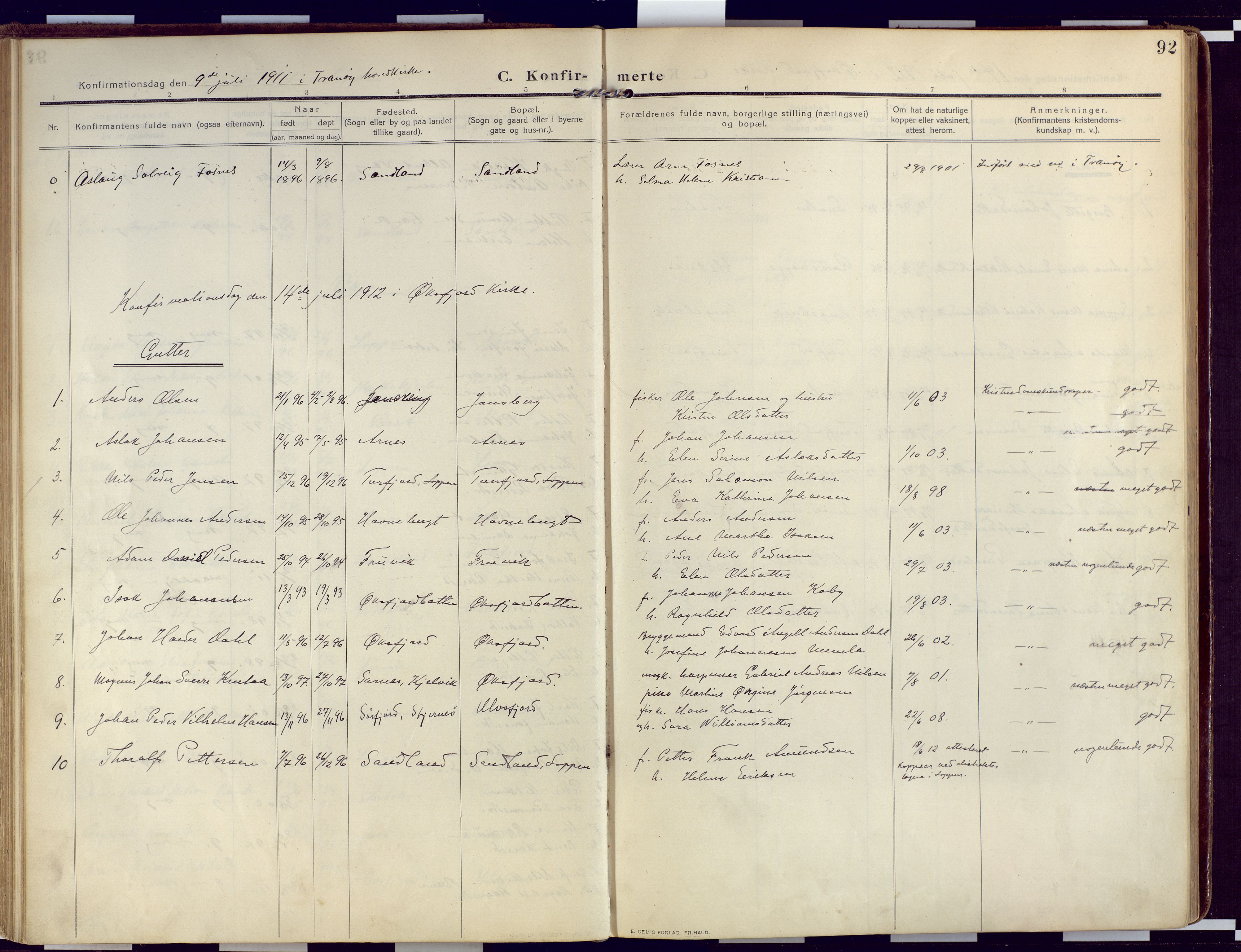 Loppa sokneprestkontor, SATØ/S-1339/H/Ha/L0011kirke: Parish register (official) no. 11, 1909-1919, p. 92