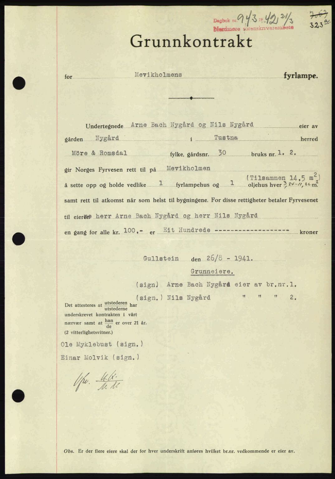 Nordmøre sorenskriveri, AV/SAT-A-4132/1/2/2Ca: Mortgage book no. A92, 1942-1942, Diary no: : 943/1942