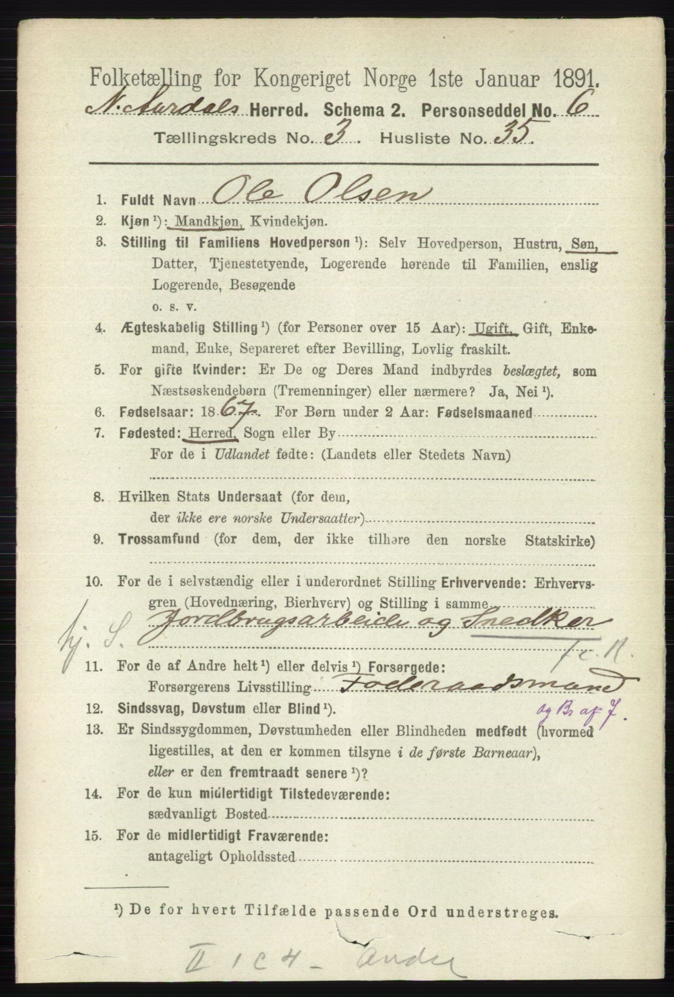 RA, 1891 census for 0542 Nord-Aurdal, 1891, p. 1142