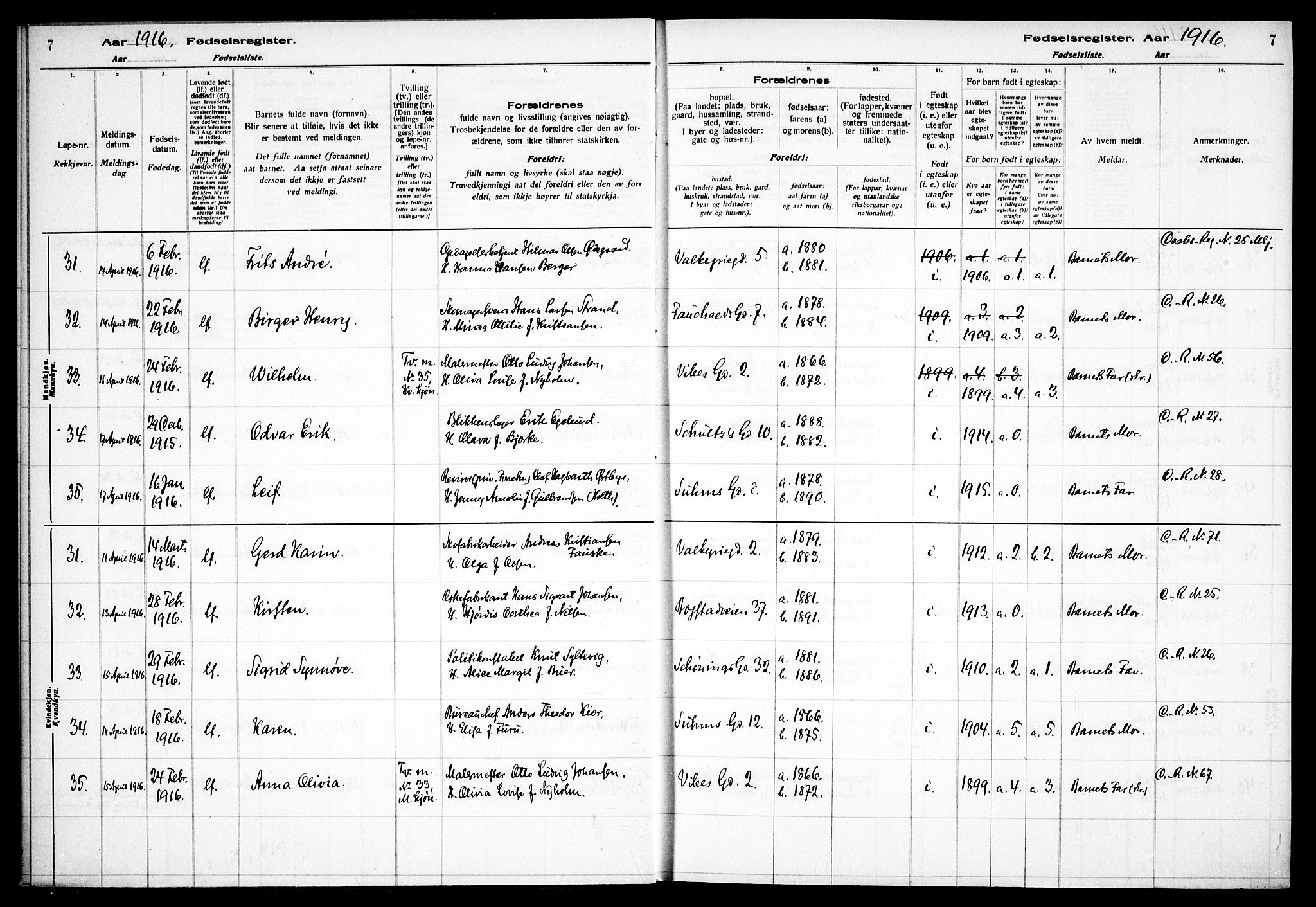 Fagerborg prestekontor Kirkebøker, SAO/A-10844/J/Ja/L0001: Birth register no. 1, 1916-1925, p. 7