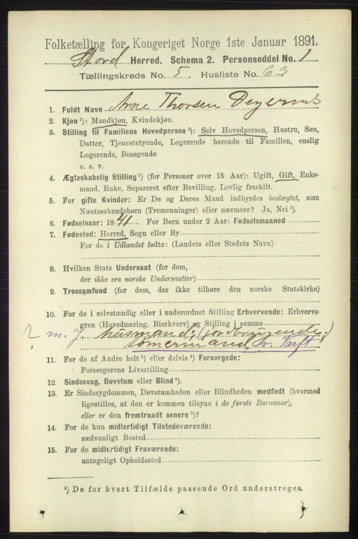RA, 1891 census for 1221 Stord, 1891, p. 2010