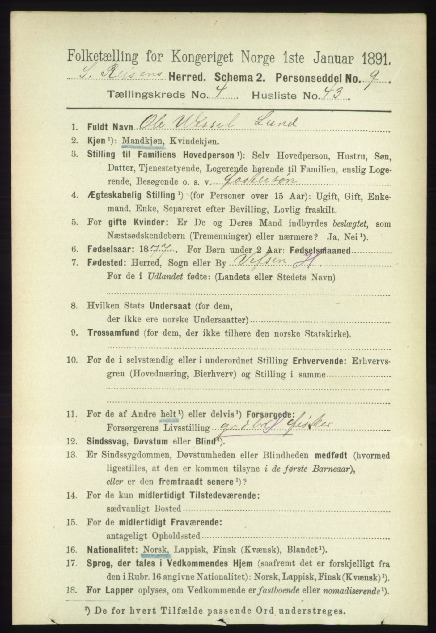 RA, 1891 census for 1925 Sørreisa, 1891, p. 1375