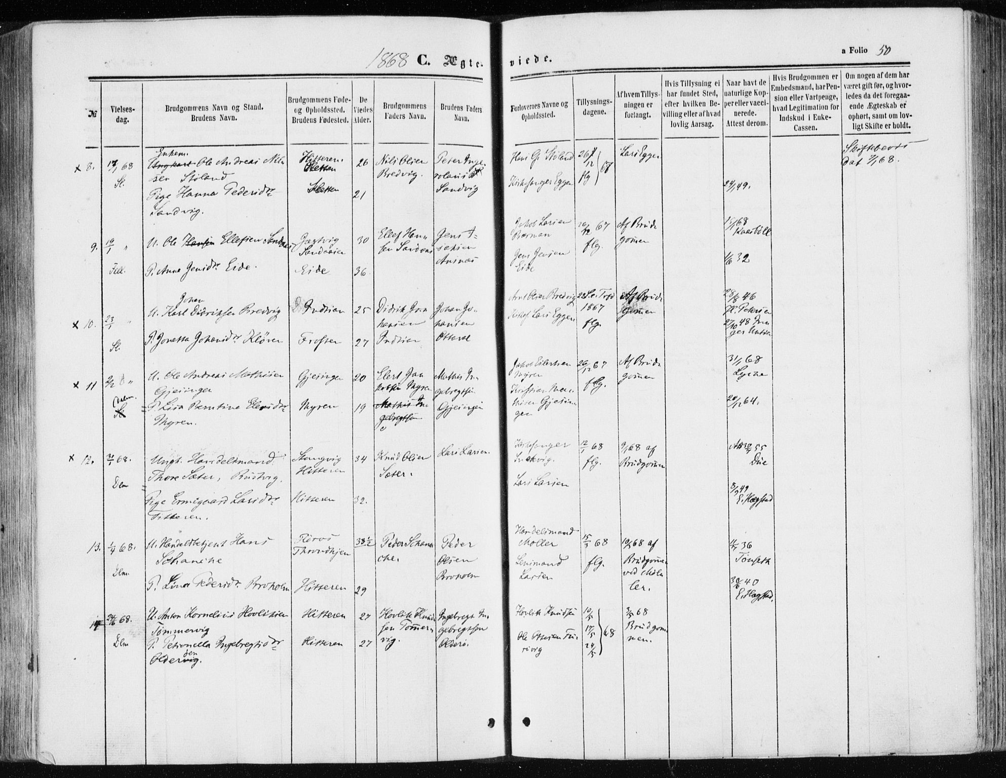 Ministerialprotokoller, klokkerbøker og fødselsregistre - Sør-Trøndelag, SAT/A-1456/634/L0531: Parish register (official) no. 634A07, 1861-1870, p. 50