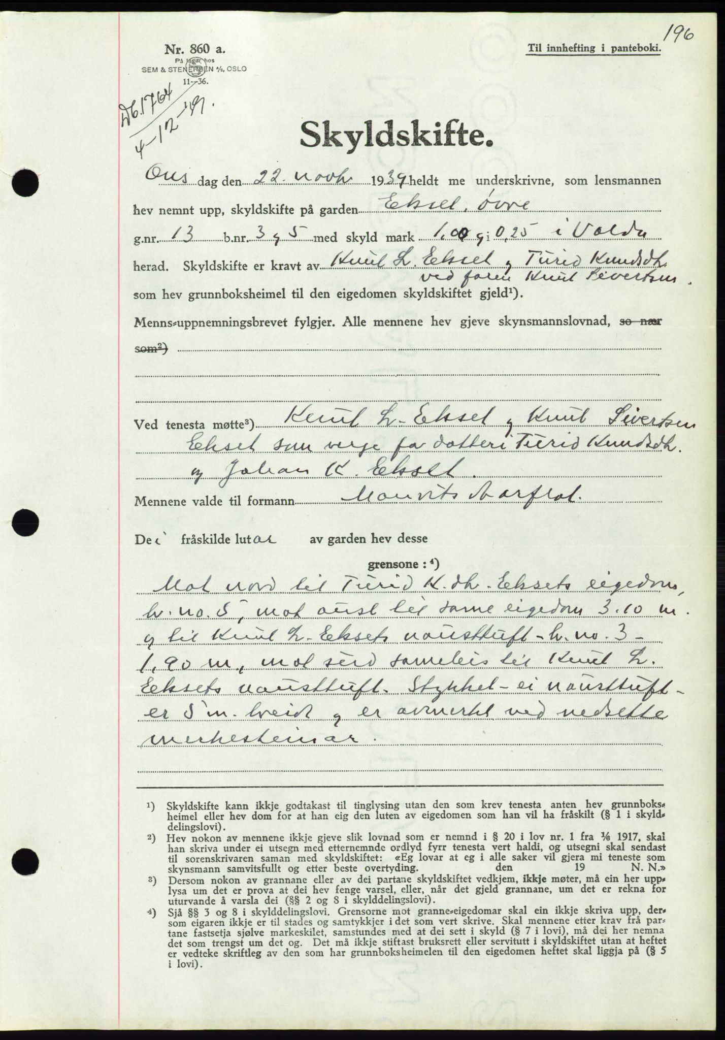 Søre Sunnmøre sorenskriveri, AV/SAT-A-4122/1/2/2C/L0069: Mortgage book no. 63, 1939-1940, Diary no: : 1764/1939