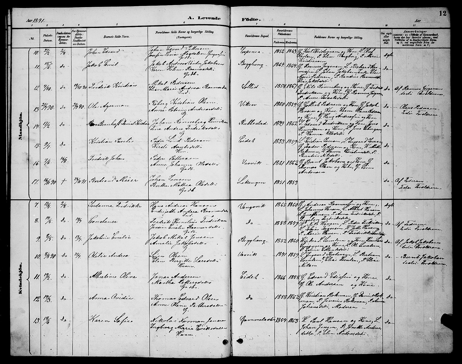 Tranøy sokneprestkontor, AV/SATØ-S-1313/I/Ia/Iab/L0004klokker: Parish register (copy) no. 4, 1888-1901, p. 12