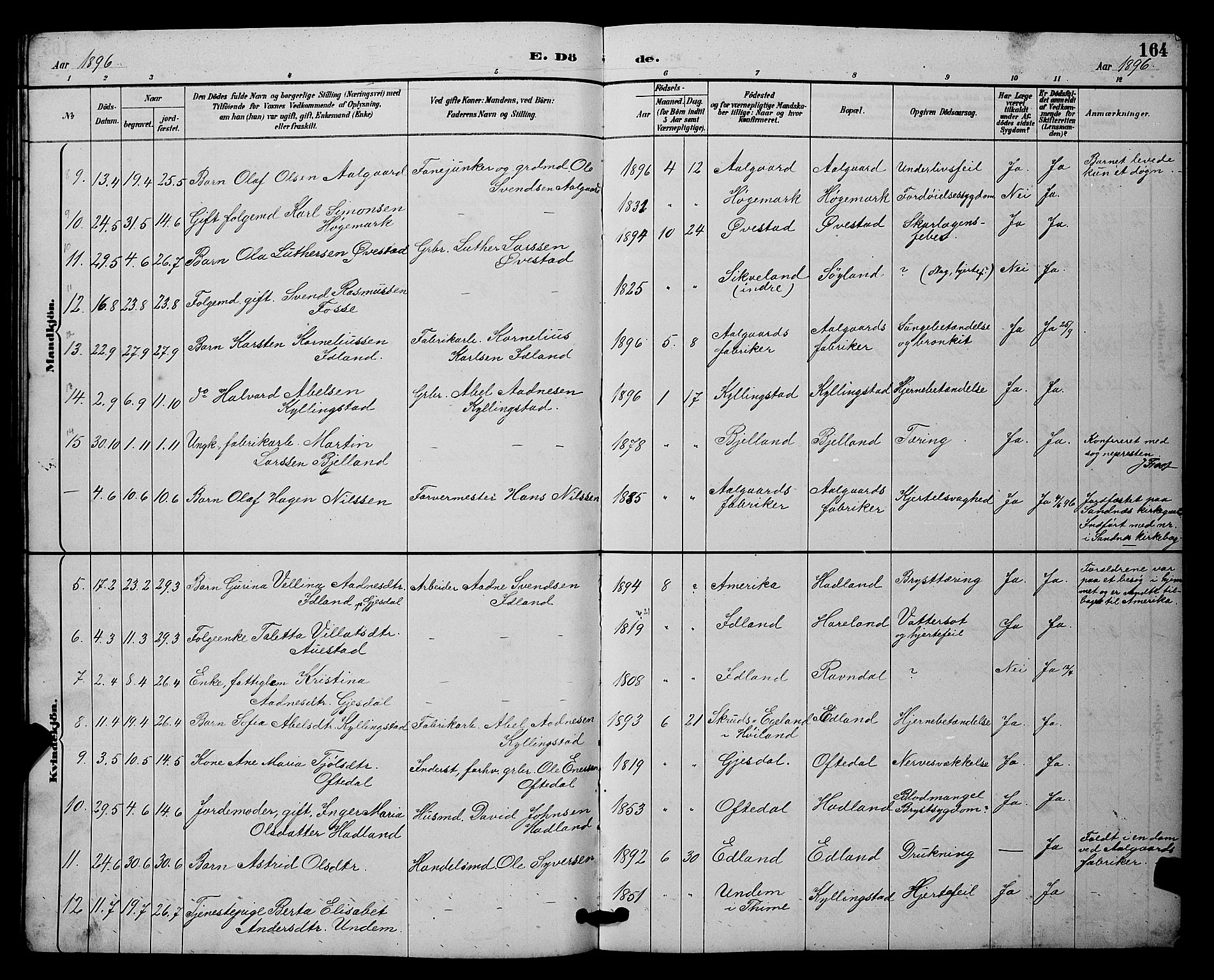 Lye sokneprestkontor, AV/SAST-A-101794/001/30BB/L0008: Parish register (copy) no. B 7, 1887-1901, p. 164