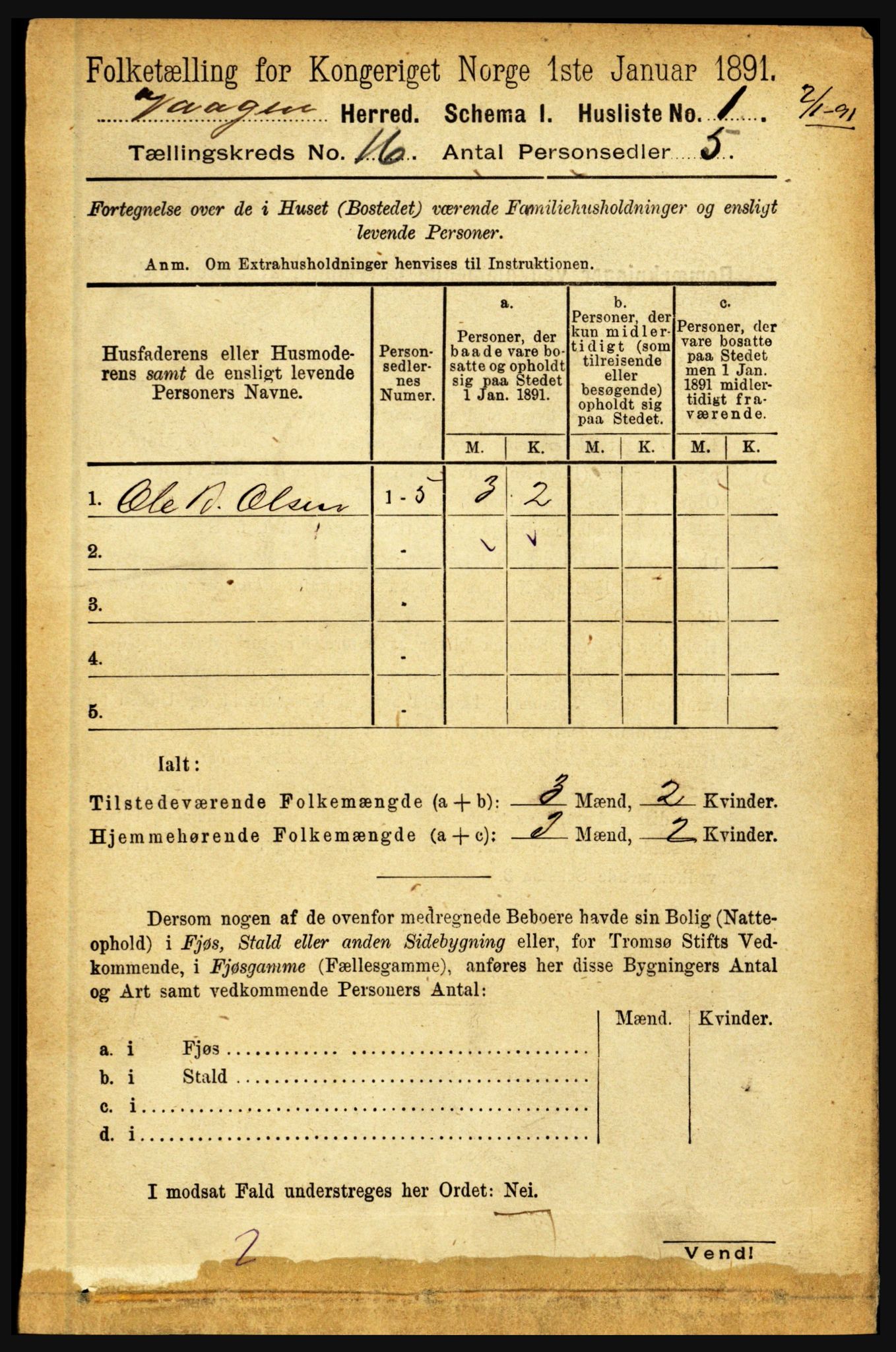 RA, 1891 census for 1865 Vågan, 1891, p. 4516