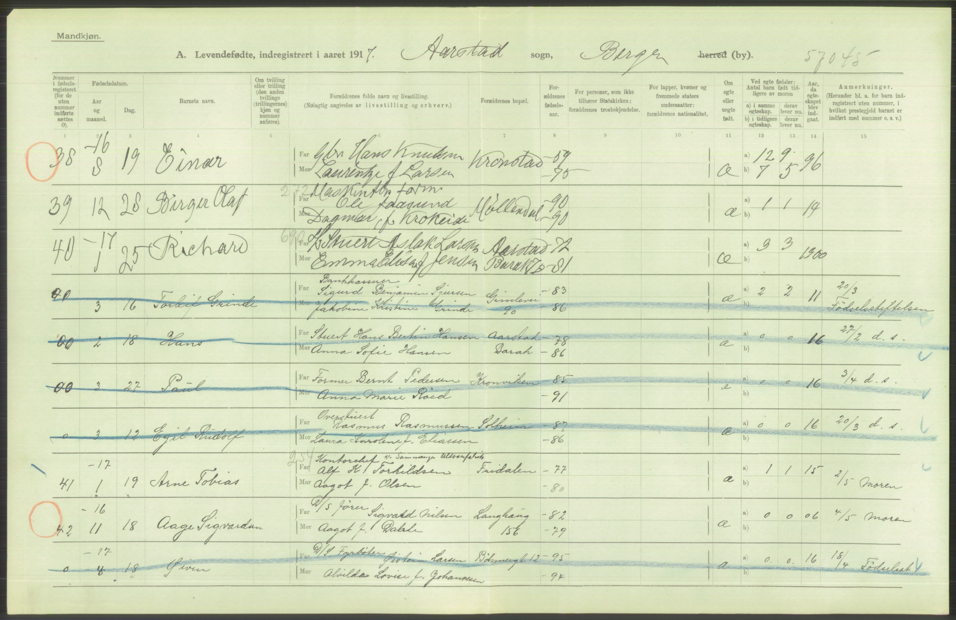 Statistisk sentralbyrå, Sosiodemografiske emner, Befolkning, AV/RA-S-2228/D/Df/Dfb/Dfbg/L0037: Bergen: Levendefødte menn og kvinner., 1917, p. 602