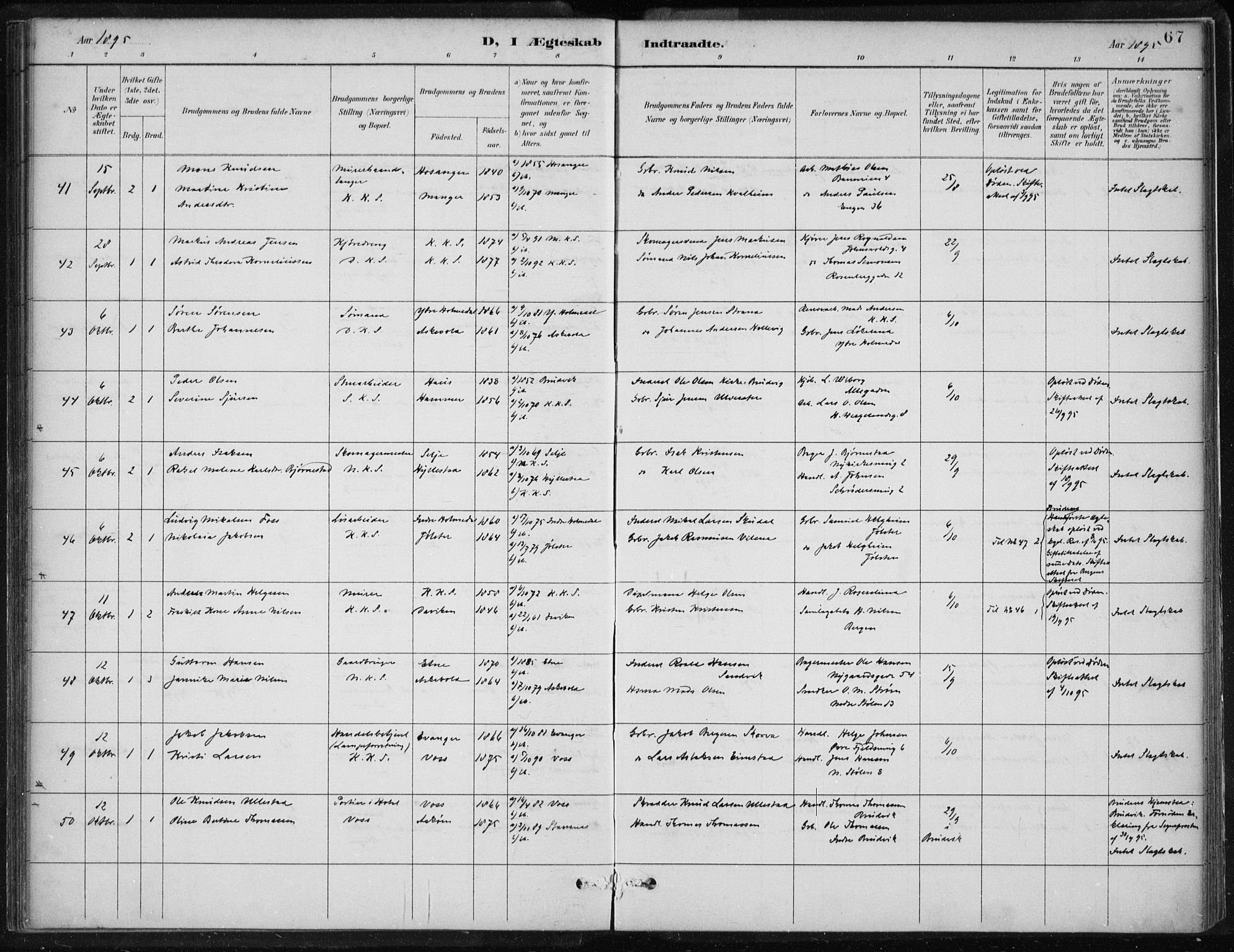 Korskirken sokneprestembete, AV/SAB-A-76101/H/Hab: Parish register (copy) no. D 3, 1887-1906, p. 67