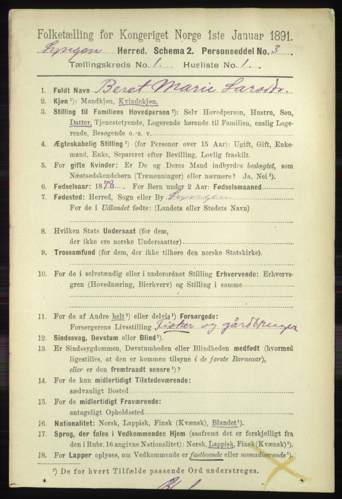 RA, 1891 census for 1938 Lyngen, 1891, p. 276