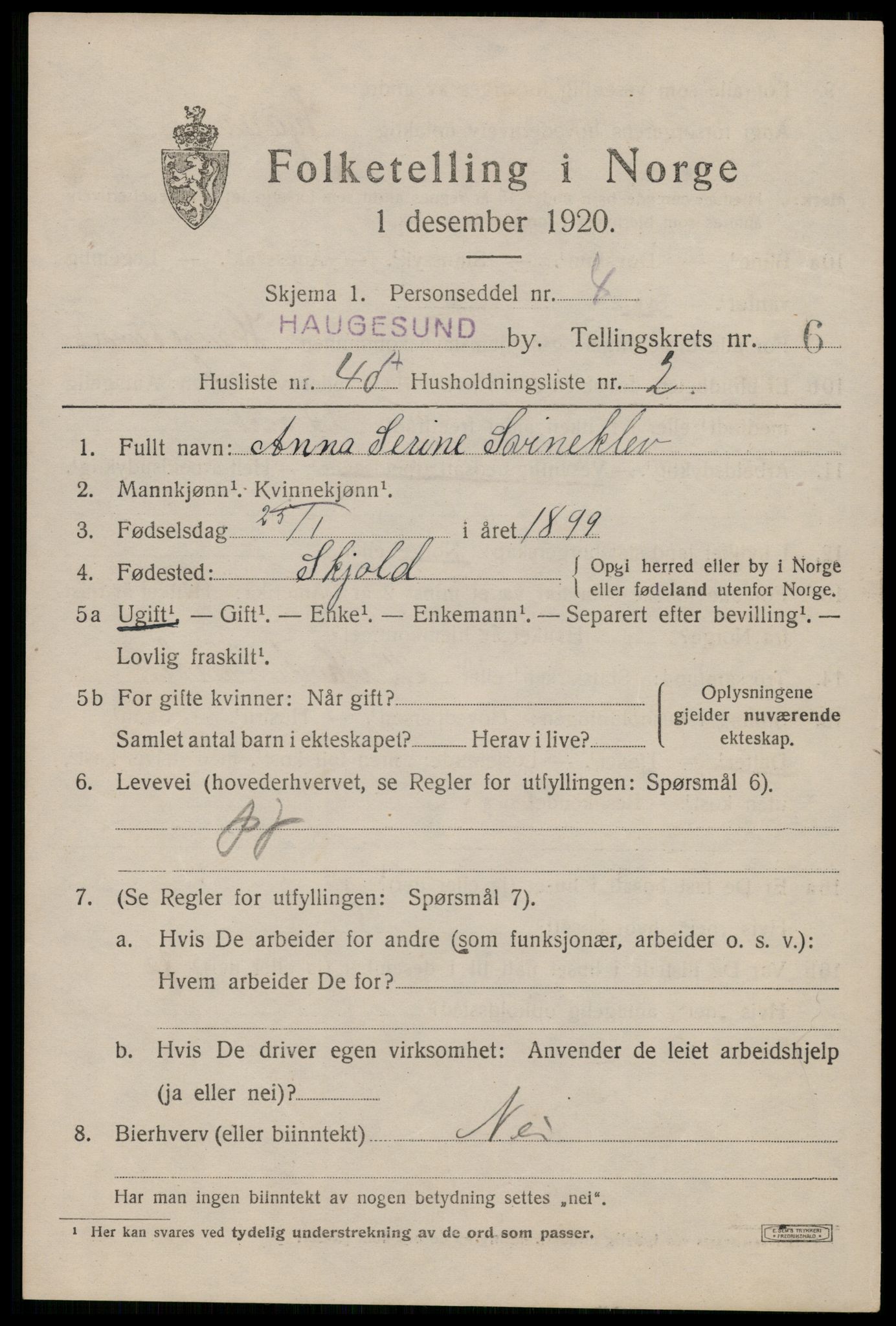 SAST, 1920 census for Haugesund, 1920, p. 22237