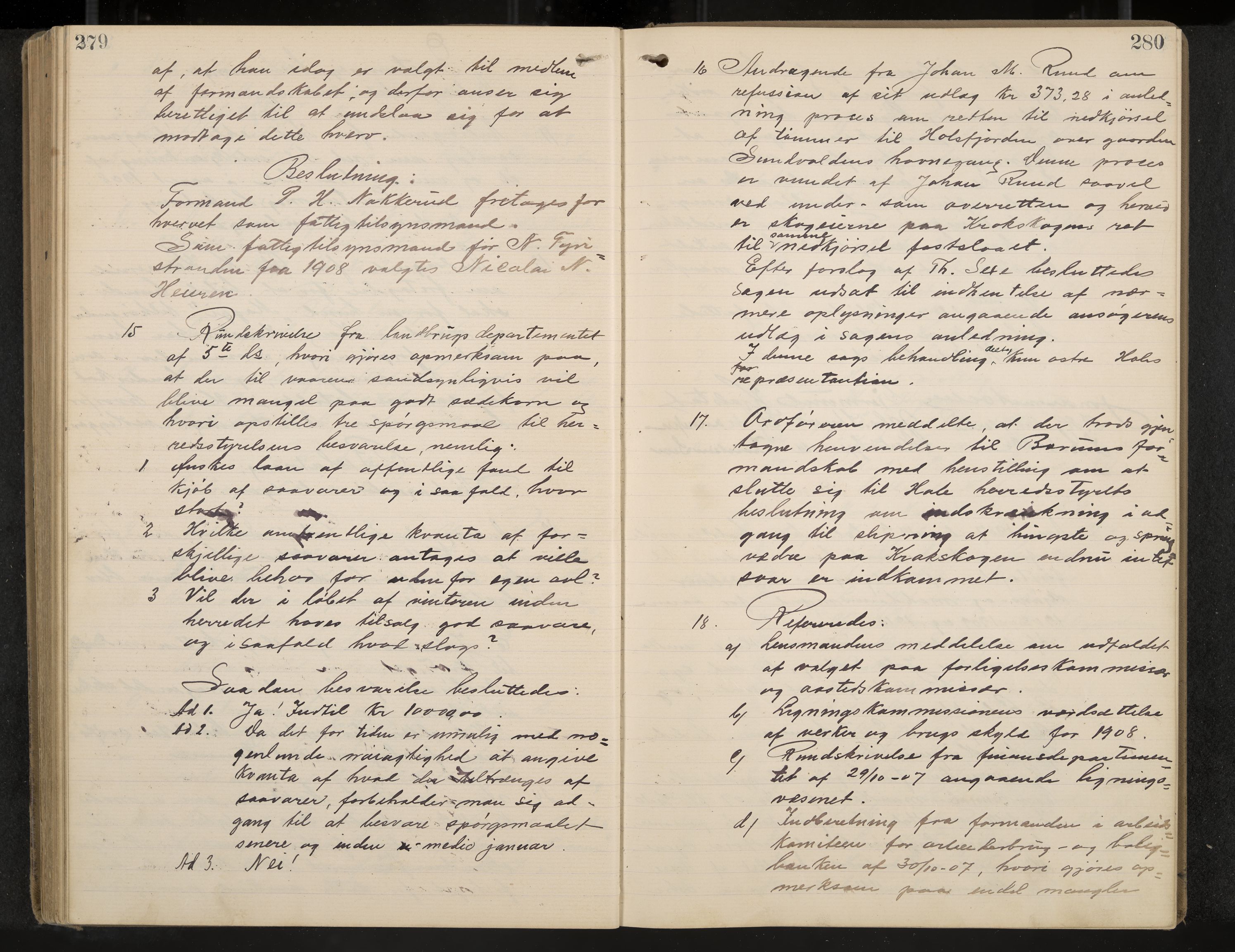 Hole formannskap og sentraladministrasjon, IKAK/0612021-1/A/Aa/L0004: Møtebok med register, 1902-1910, p. 279-280