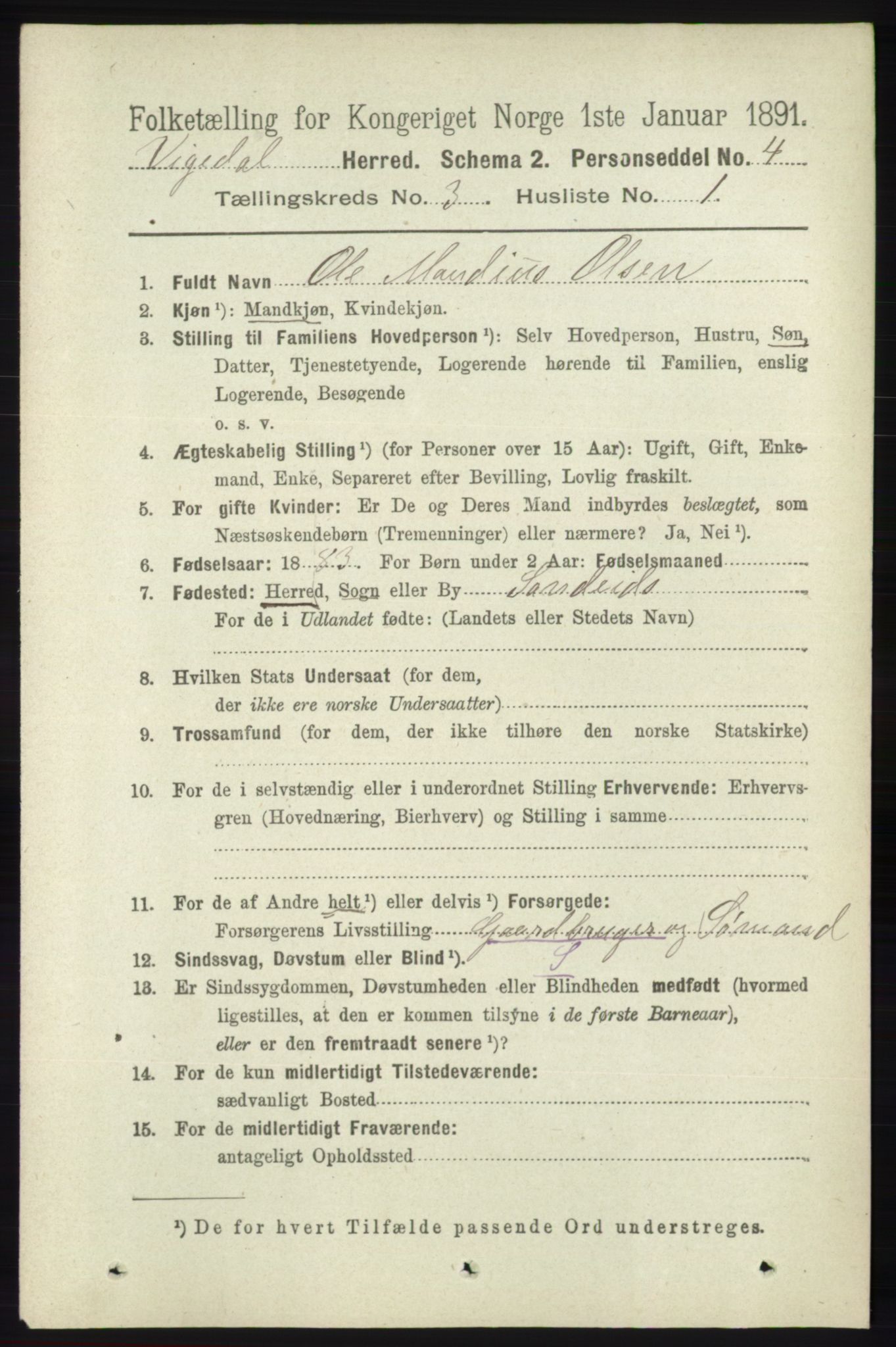 RA, 1891 census for 1157 Vikedal, 1891, p. 726