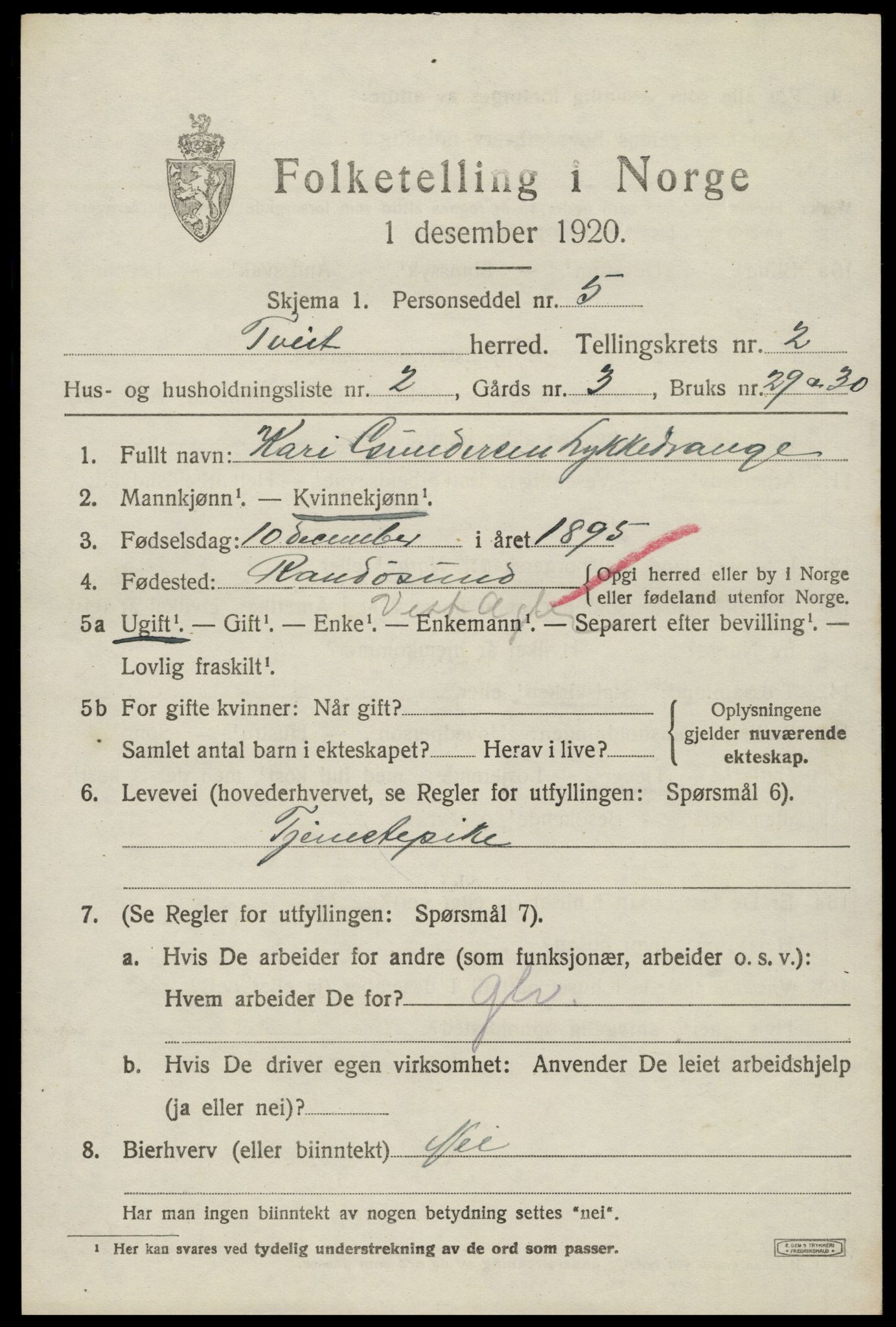 SAK, 1920 census for Tveit, 1920, p. 1240