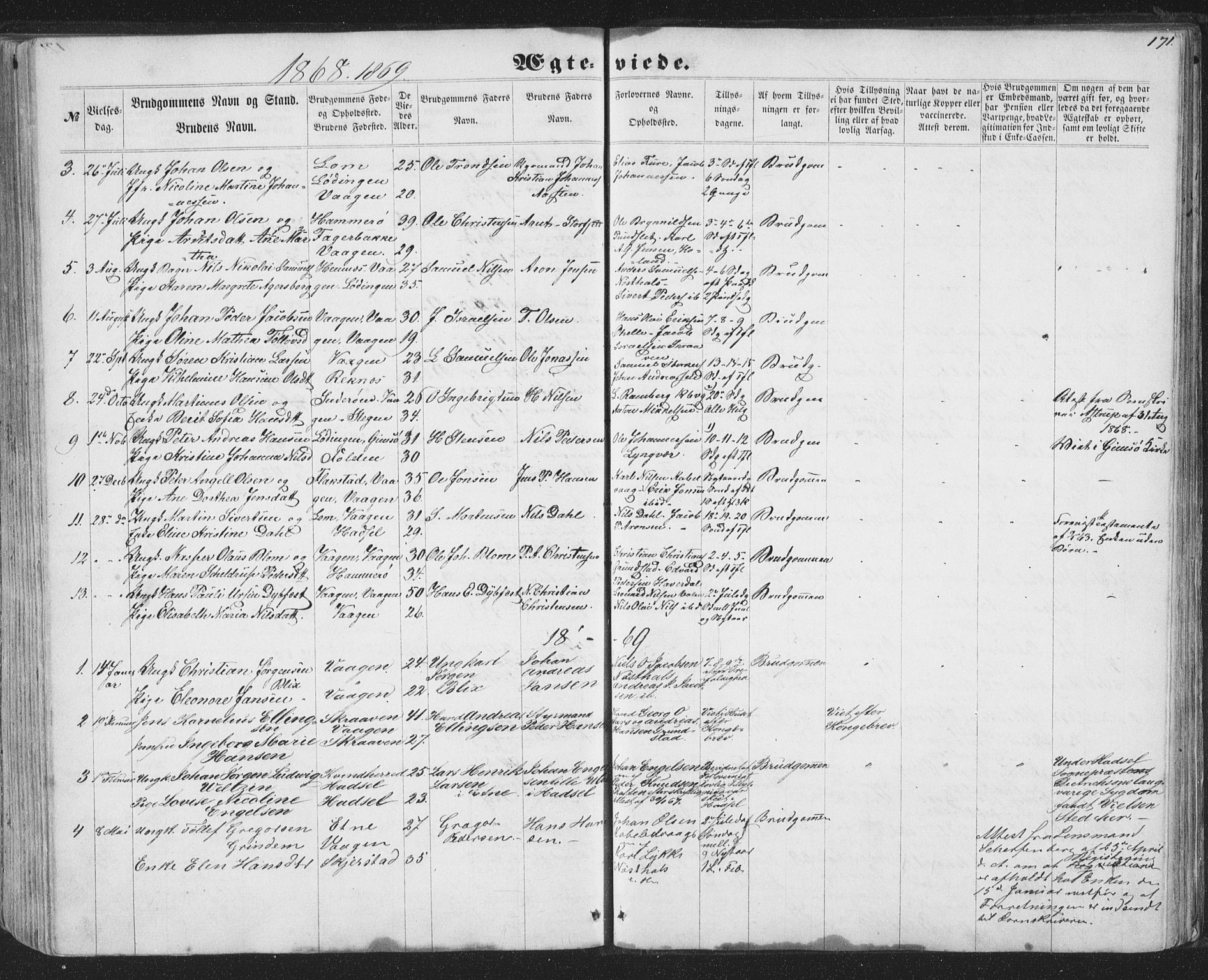 Ministerialprotokoller, klokkerbøker og fødselsregistre - Nordland, AV/SAT-A-1459/874/L1073: Parish register (copy) no. 874C02, 1860-1870, p. 171