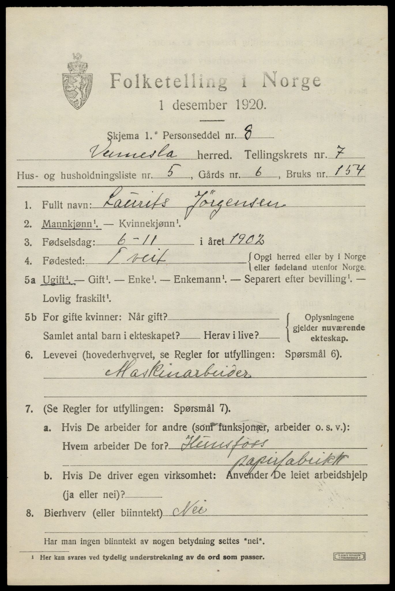 SAK, 1920 census for Vennesla, 1920, p. 4810