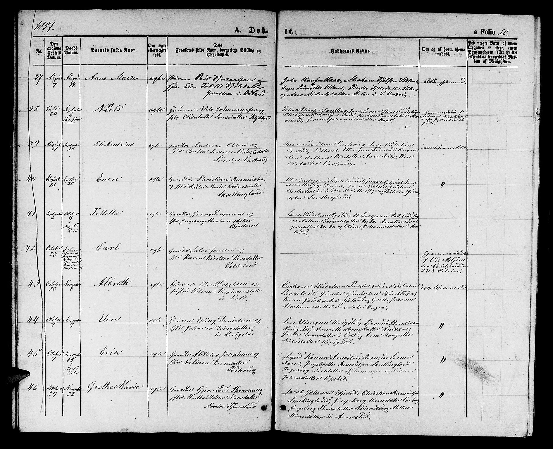 Hå sokneprestkontor, AV/SAST-A-101801/001/30BB/L0002: Parish register (copy) no. B 2, 1854-1883, p. 20