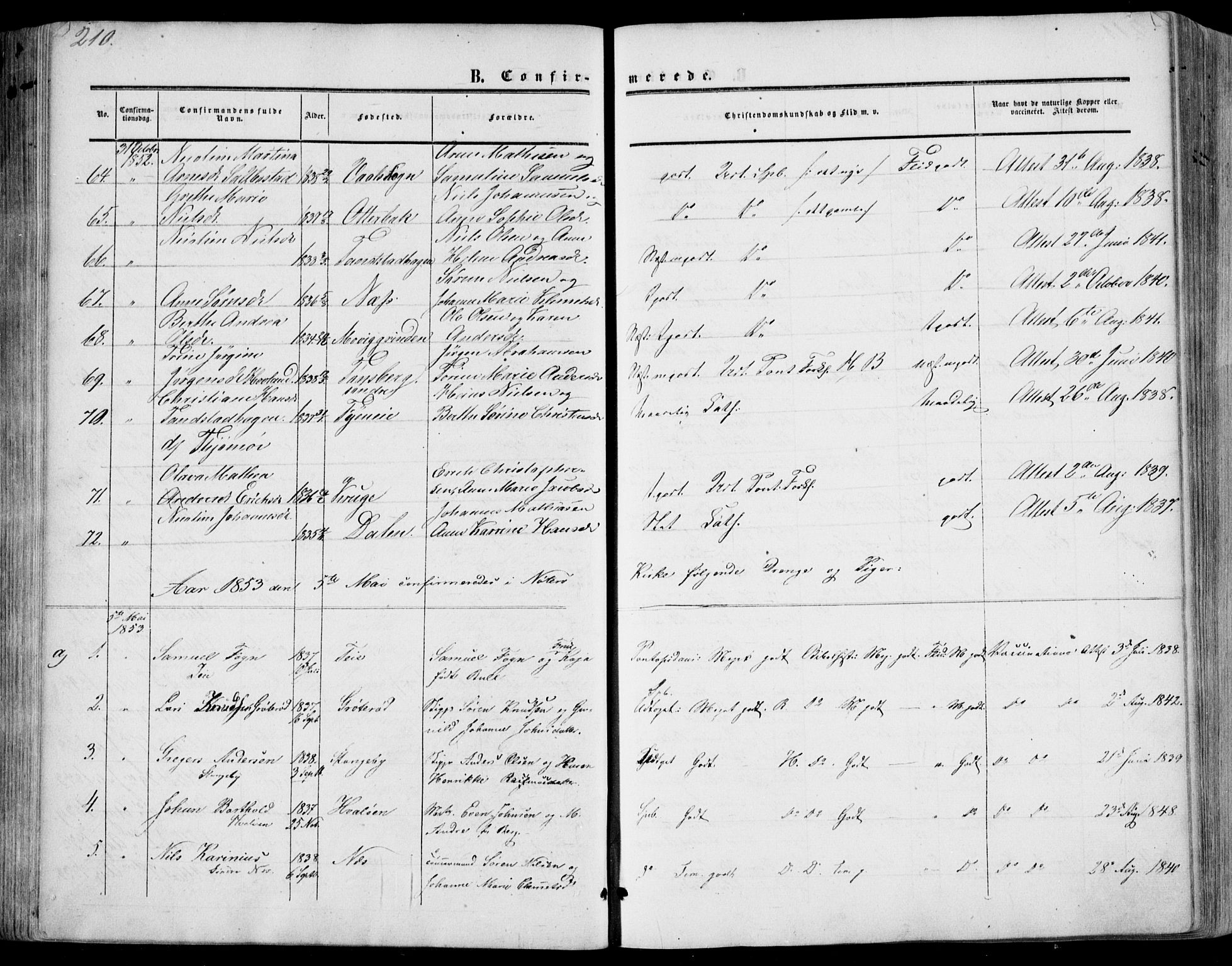 Nøtterøy kirkebøker, AV/SAKO-A-354/F/Fa/L0006: Parish register (official) no. I 6, 1852-1864, p. 210