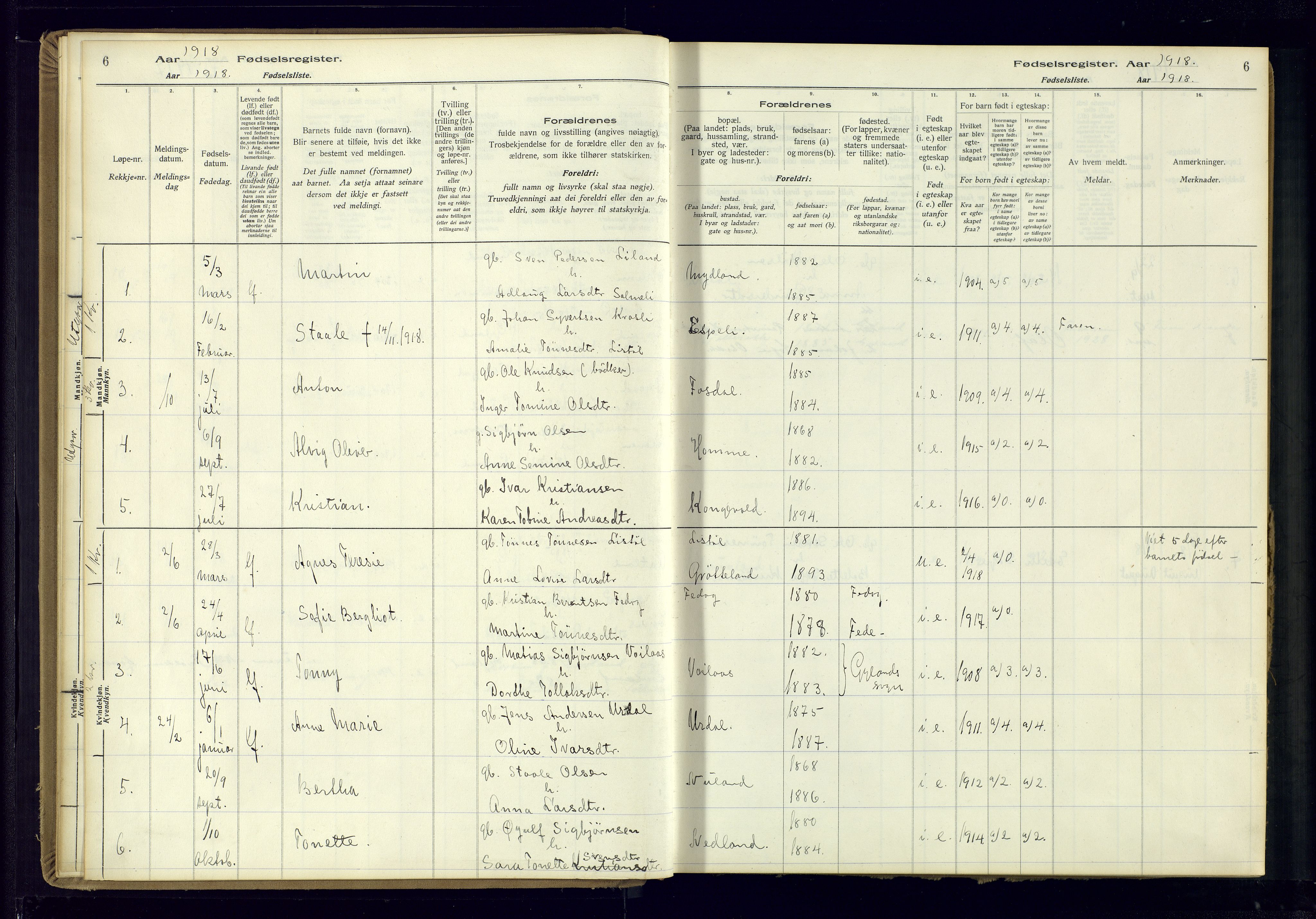 Bakke sokneprestkontor, SAK/1111-0002/J/Ja/L0002: Birth register no. A-VI-19, 1916-1982, p. 6