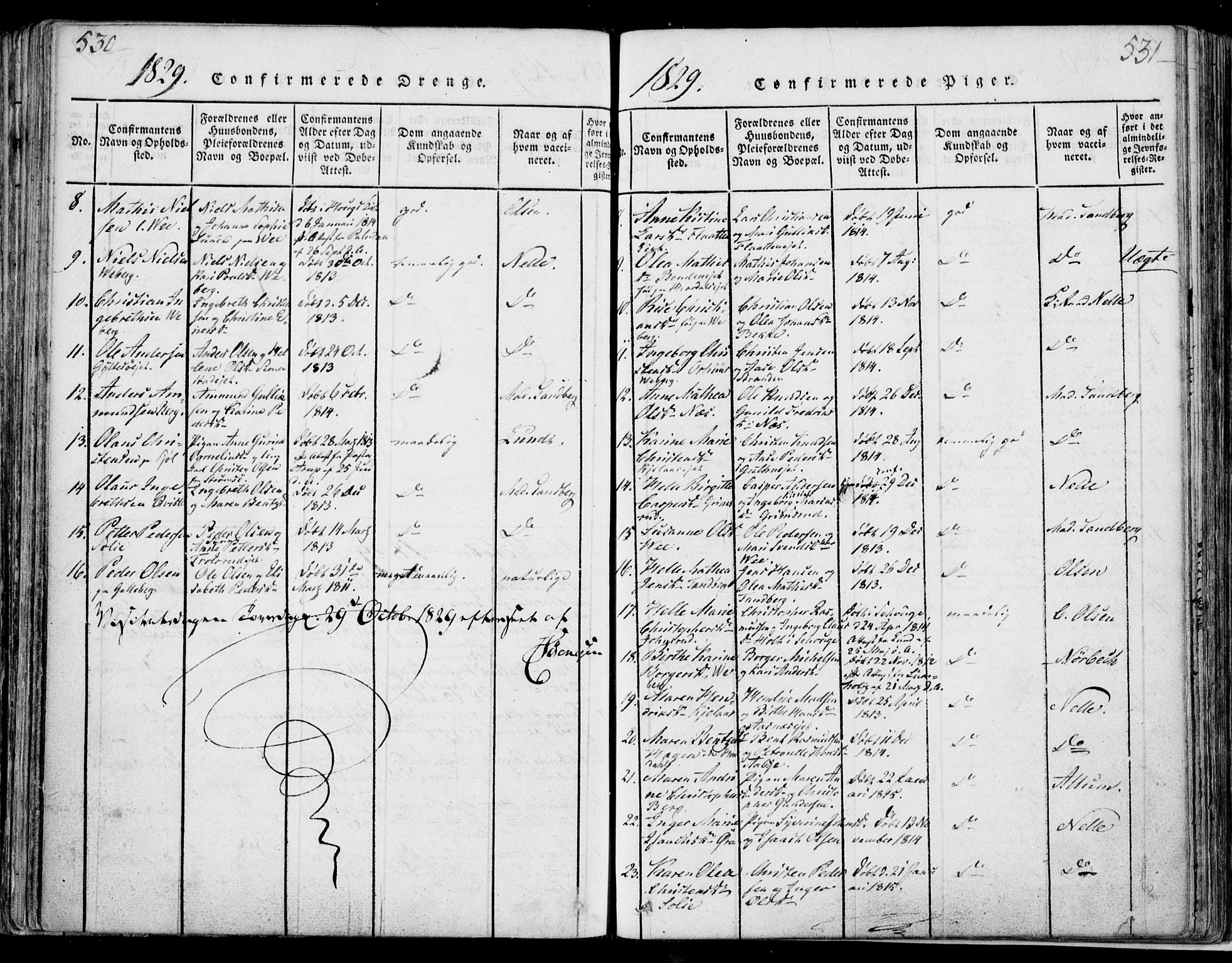 Sande Kirkebøker, SAKO/A-53/F/Fa/L0003: Parish register (official) no. 3, 1814-1847, p. 530-531