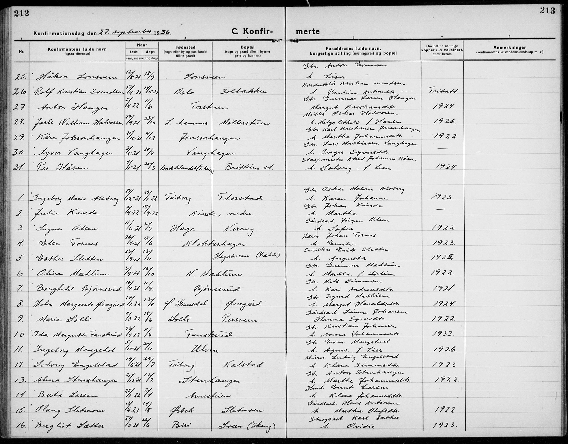 Brøttum prestekontor, AV/SAH-PREST-016/L/La/L0001: Parish register (copy) no. 1, 1921-1941, p. 212-213