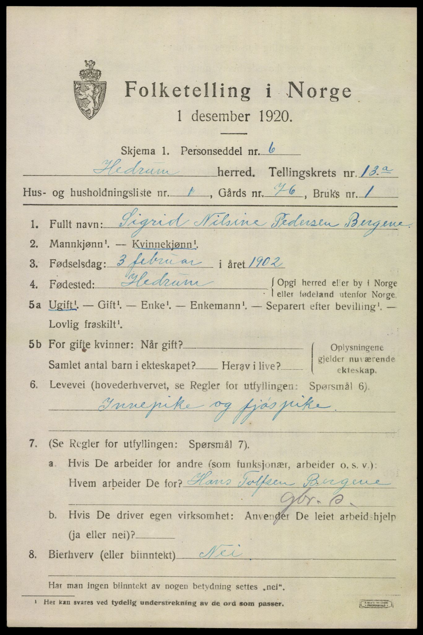 SAKO, 1920 census for Hedrum, 1920, p. 8599