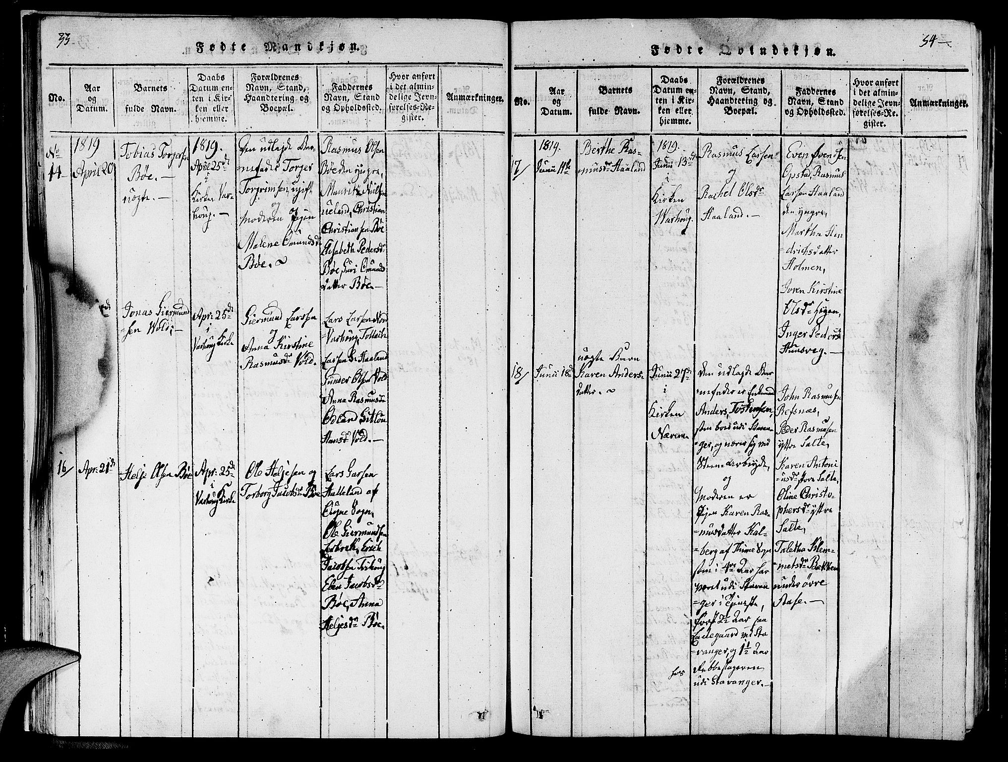 Hå sokneprestkontor, AV/SAST-A-101801/001/30BA/L0003: Parish register (official) no. A 3, 1815-1825, p. 33-34