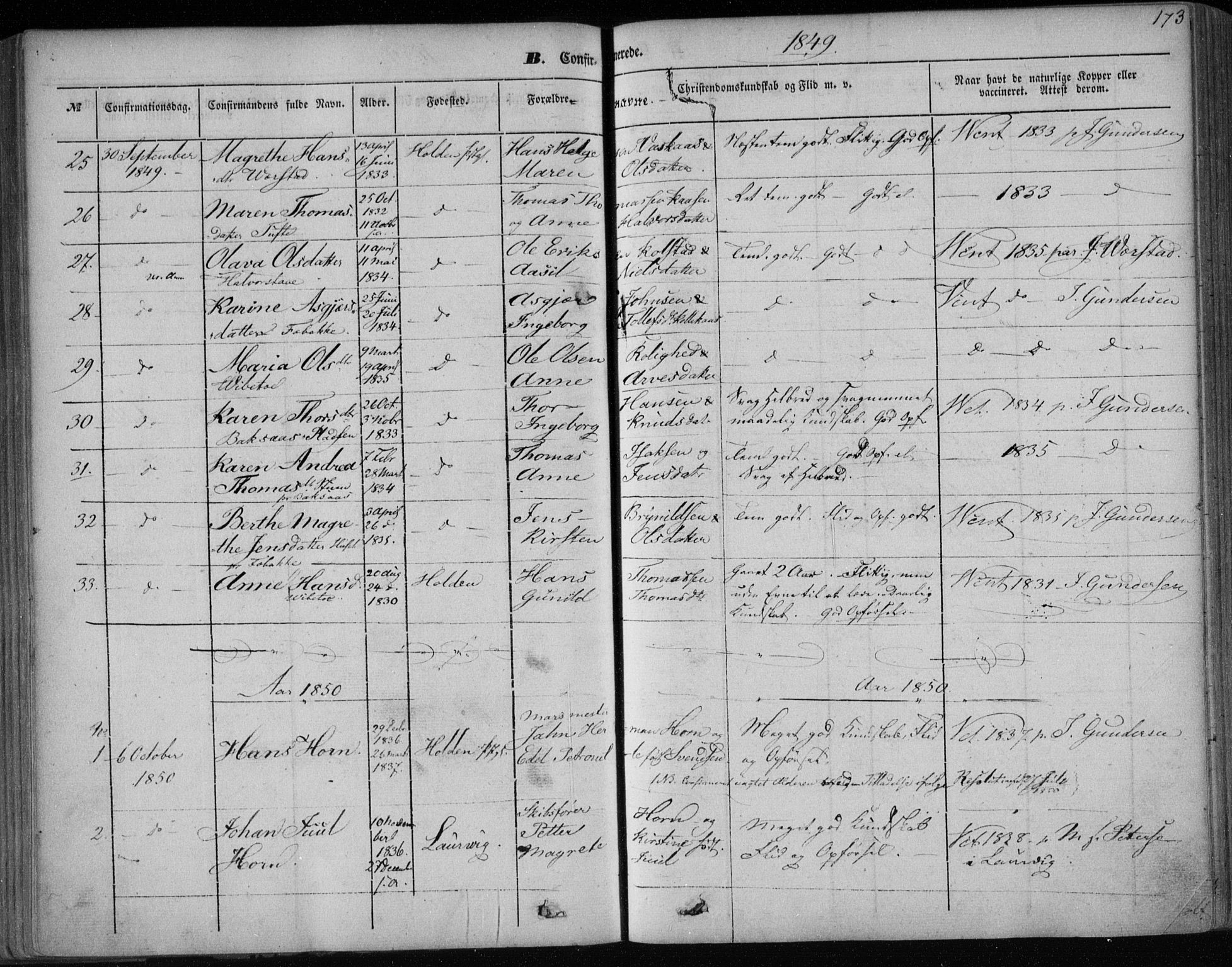 Holla kirkebøker, SAKO/A-272/F/Fa/L0005: Parish register (official) no. 5, 1849-1860, p. 173