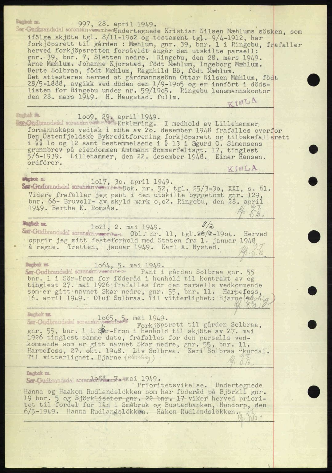 Sør-Gudbrandsdal tingrett, SAH/TING-004/H/Hb/Hbf/L0004: Mortgage book no. C5b, 1945-1951, Diary no: : 997/1949