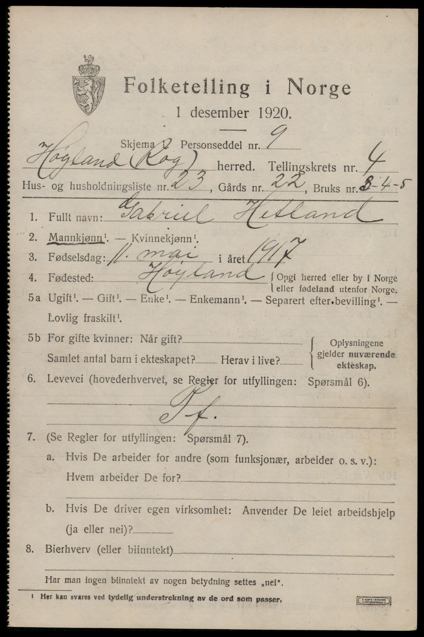 SAST, 1920 census for Høyland, 1920, p. 3714