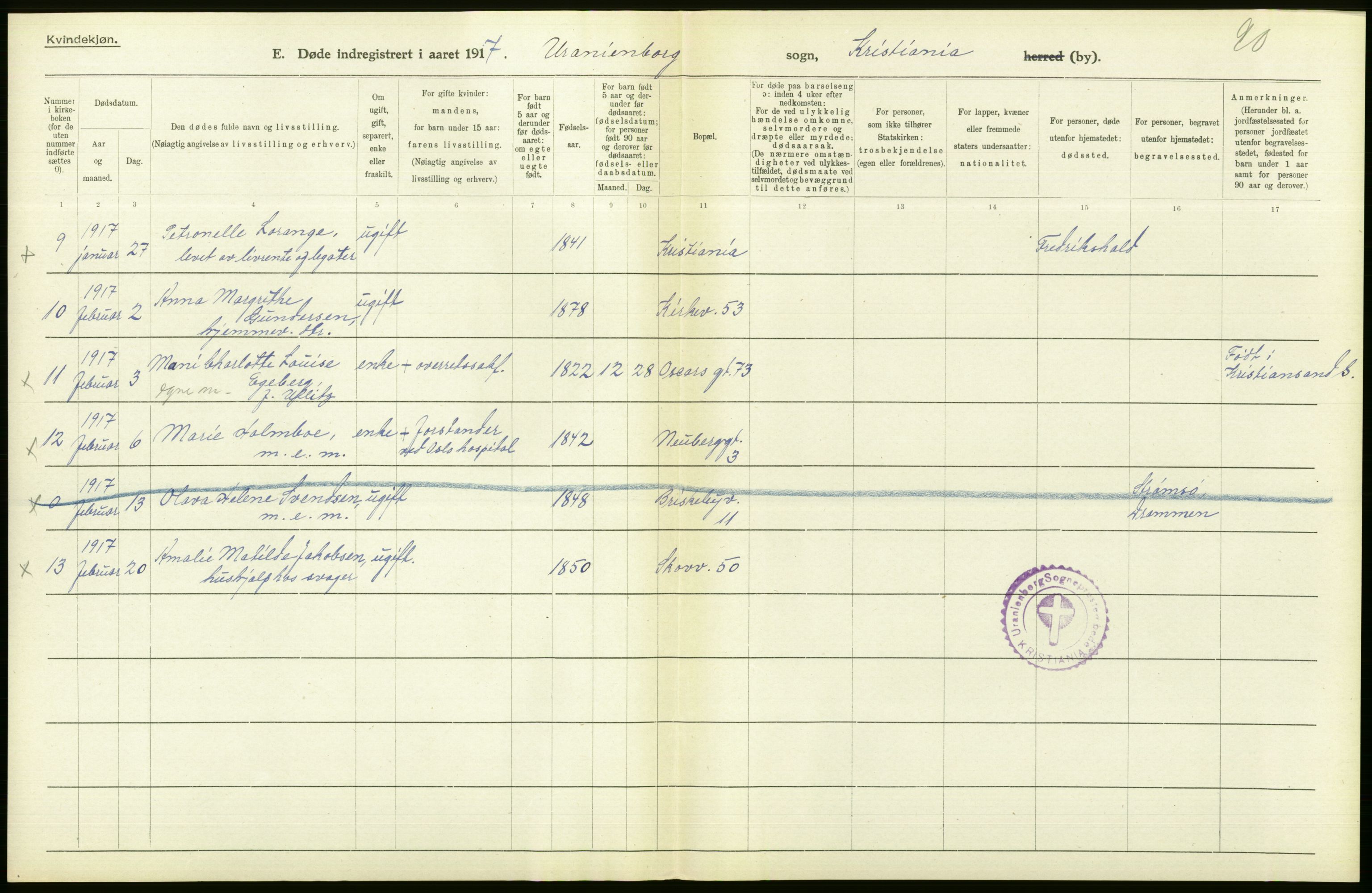 Statistisk sentralbyrå, Sosiodemografiske emner, Befolkning, AV/RA-S-2228/D/Df/Dfb/Dfbg/L0010: Kristiania: Døde, 1917, p. 268