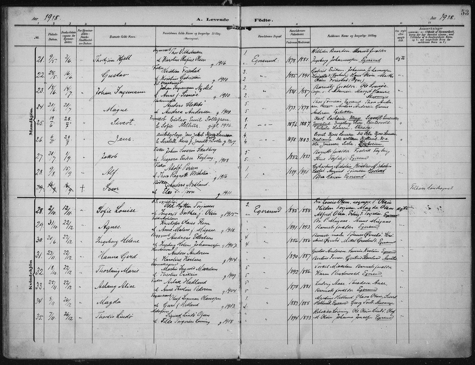 Eigersund sokneprestkontor, AV/SAST-A-101807/S08/L0022: Parish register (official) no. A 21, 1905-1928, p. 53