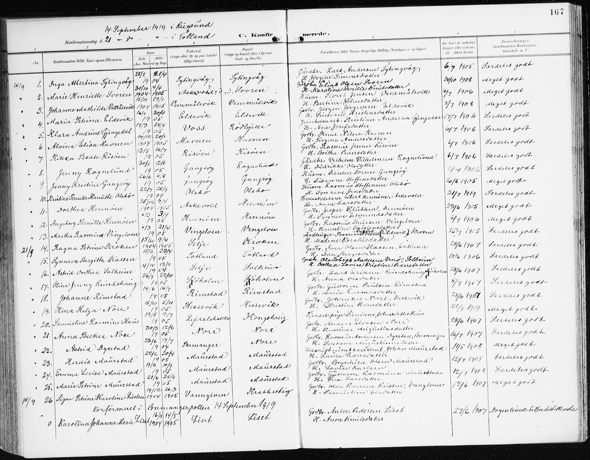 Davik sokneprestembete, AV/SAB-A-79701/H/Haa/Haad/L0002: Parish register (official) no. D 2, 1901-1930, p. 167