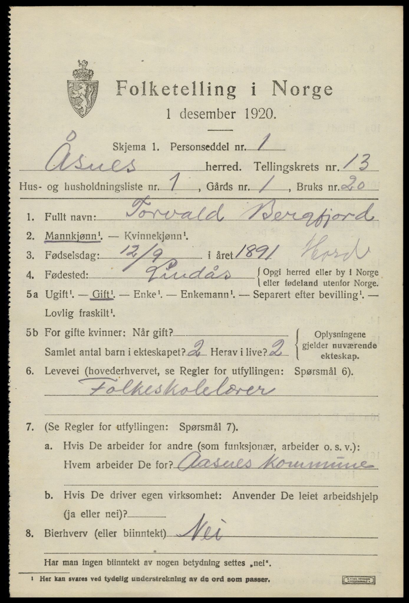 SAH, 1920 census for Åsnes, 1920, p. 12664