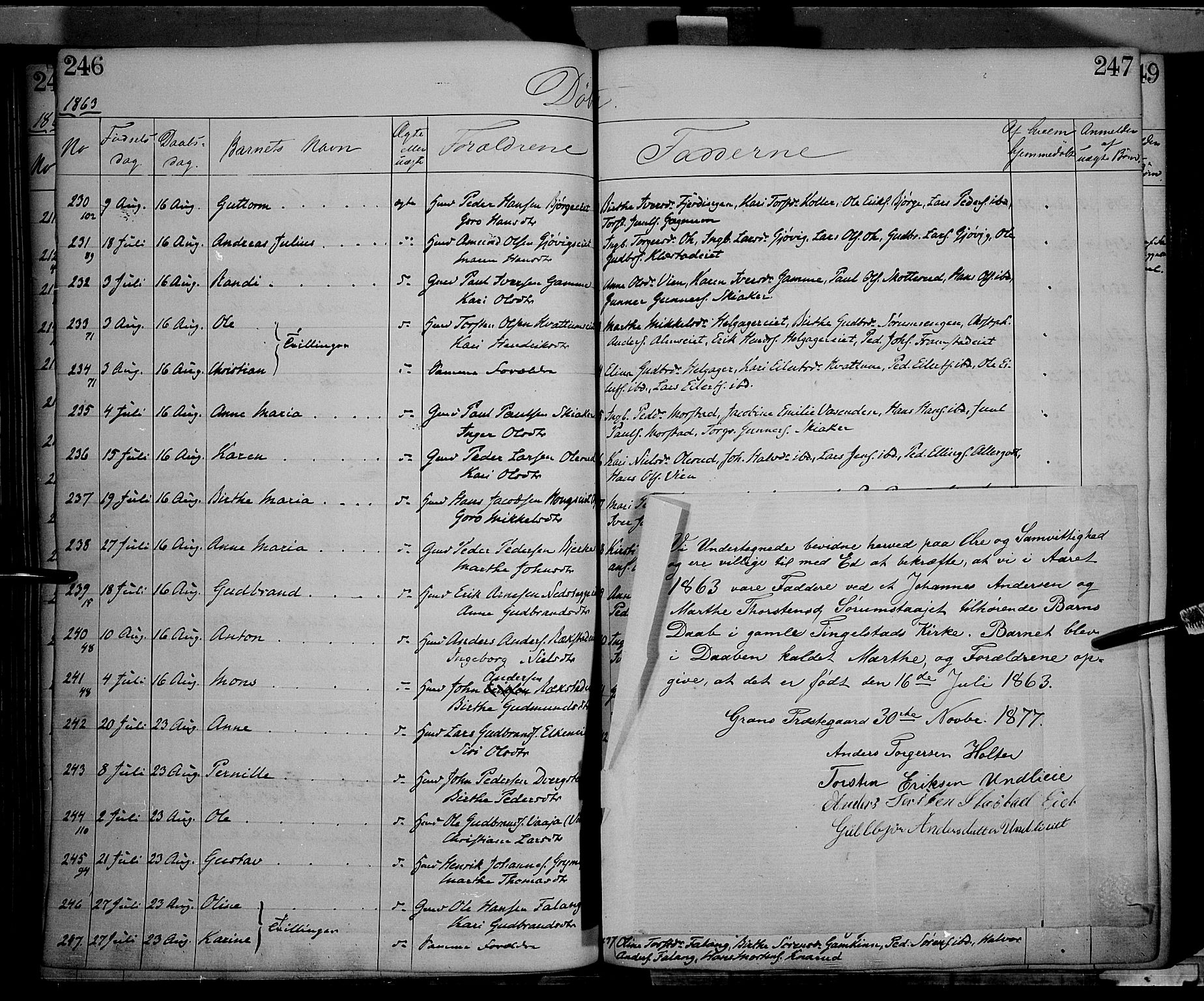 Gran prestekontor, SAH/PREST-112/H/Ha/Haa/L0012: Parish register (official) no. 12, 1856-1874, p. 246-247