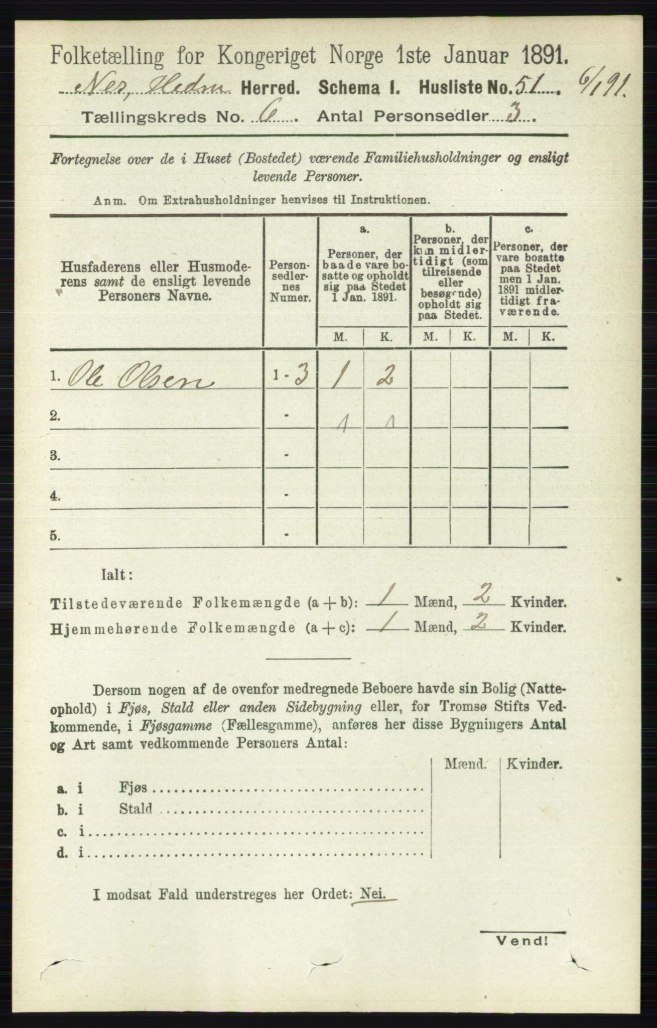 RA, 1891 census for 0411 Nes, 1891, p. 3219
