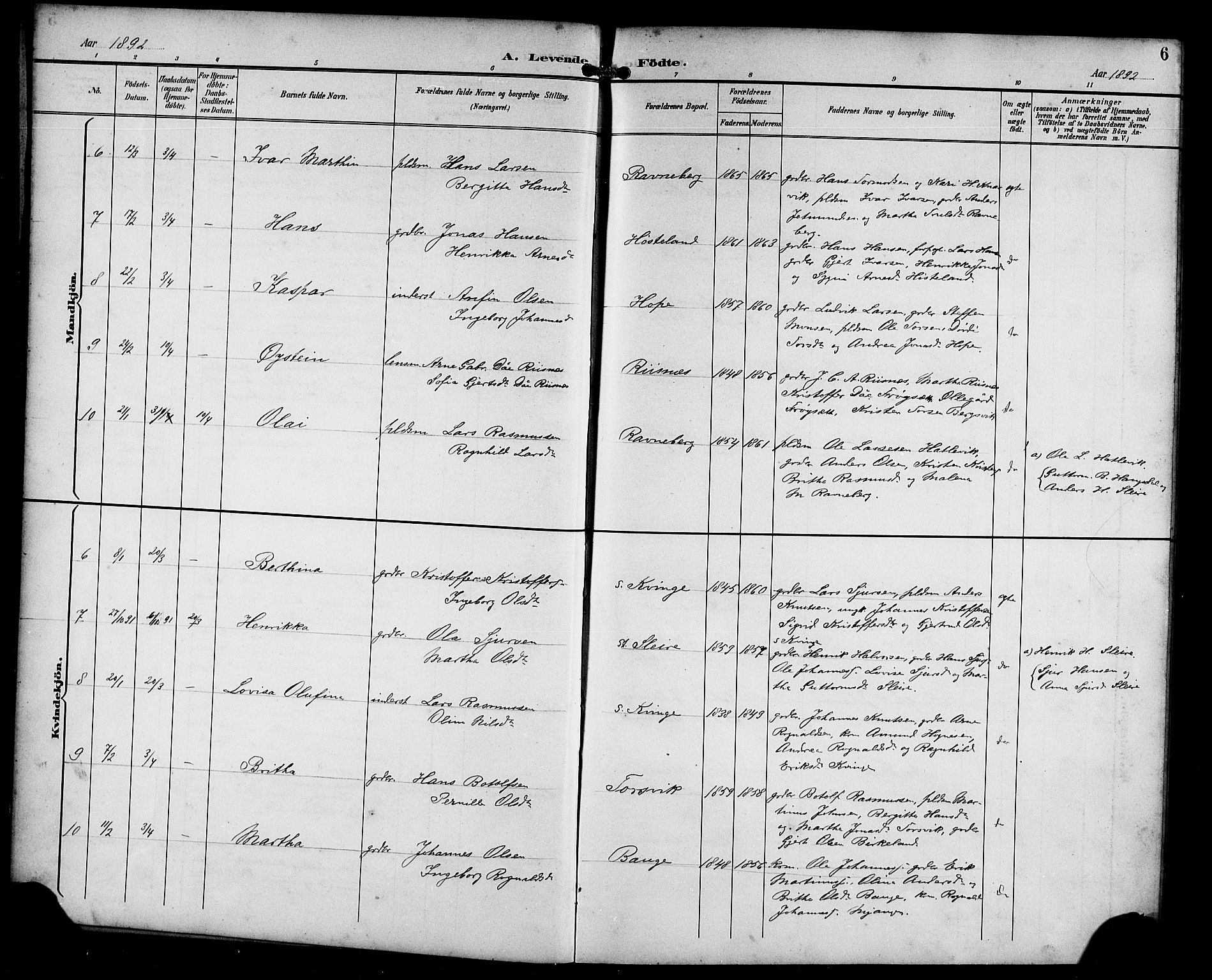 Masfjorden Sokneprestembete, AV/SAB-A-77001: Parish register (copy) no. B 1, 1892-1913, p. 6