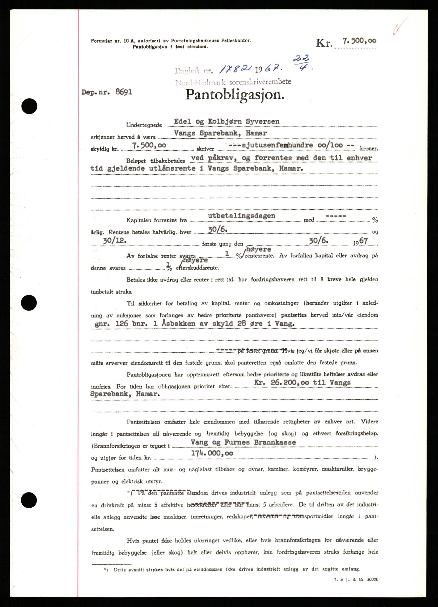 Nord-Hedmark sorenskriveri, SAH/TING-012/H/Hb/Hbf/L0071: Mortgage book no. B71, 1967-1967, Diary no: : 1782/1967