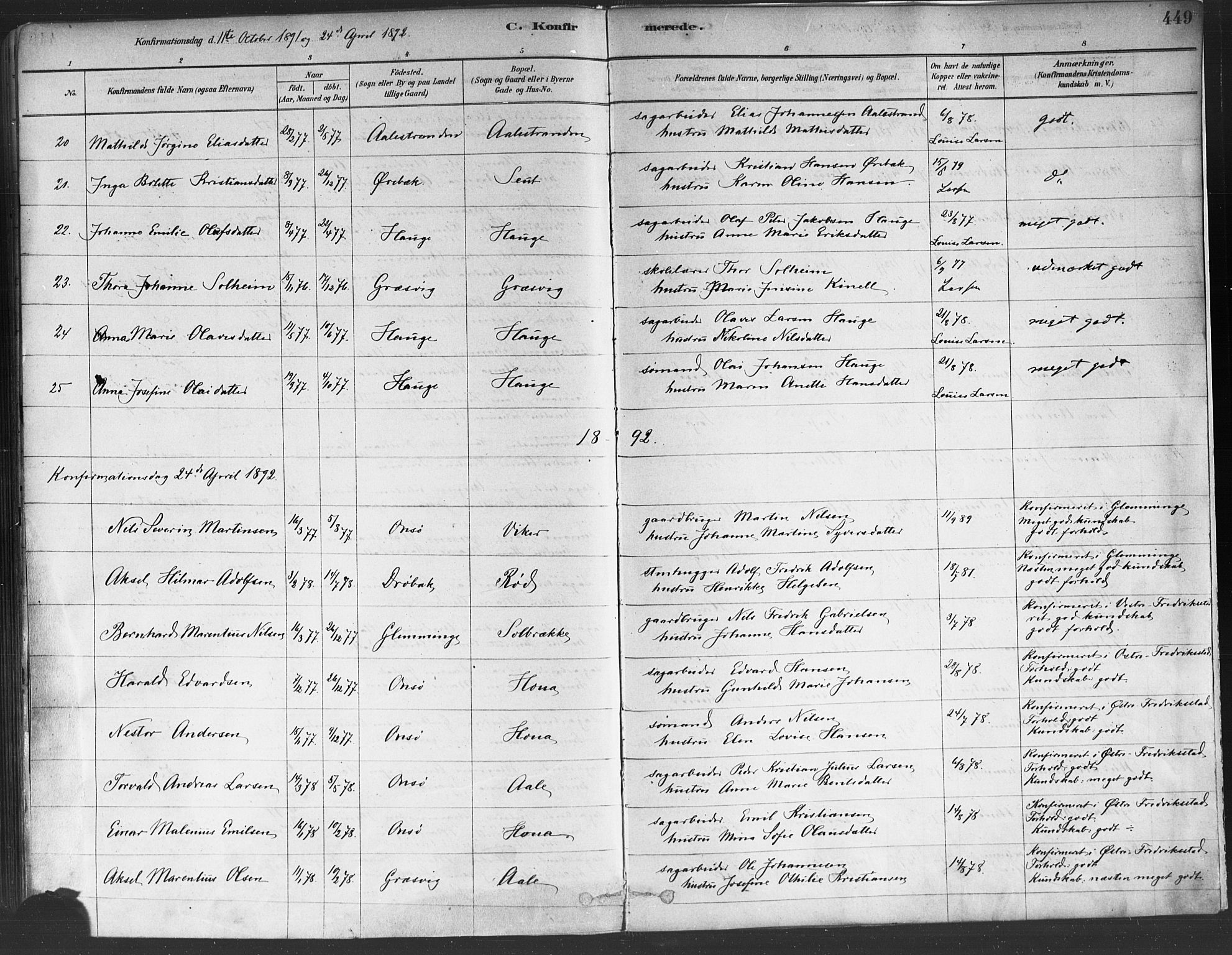 Onsøy prestekontor Kirkebøker, AV/SAO-A-10914/F/Fa/L0005: Parish register (official) no. I 5, 1878-1898, p. 450