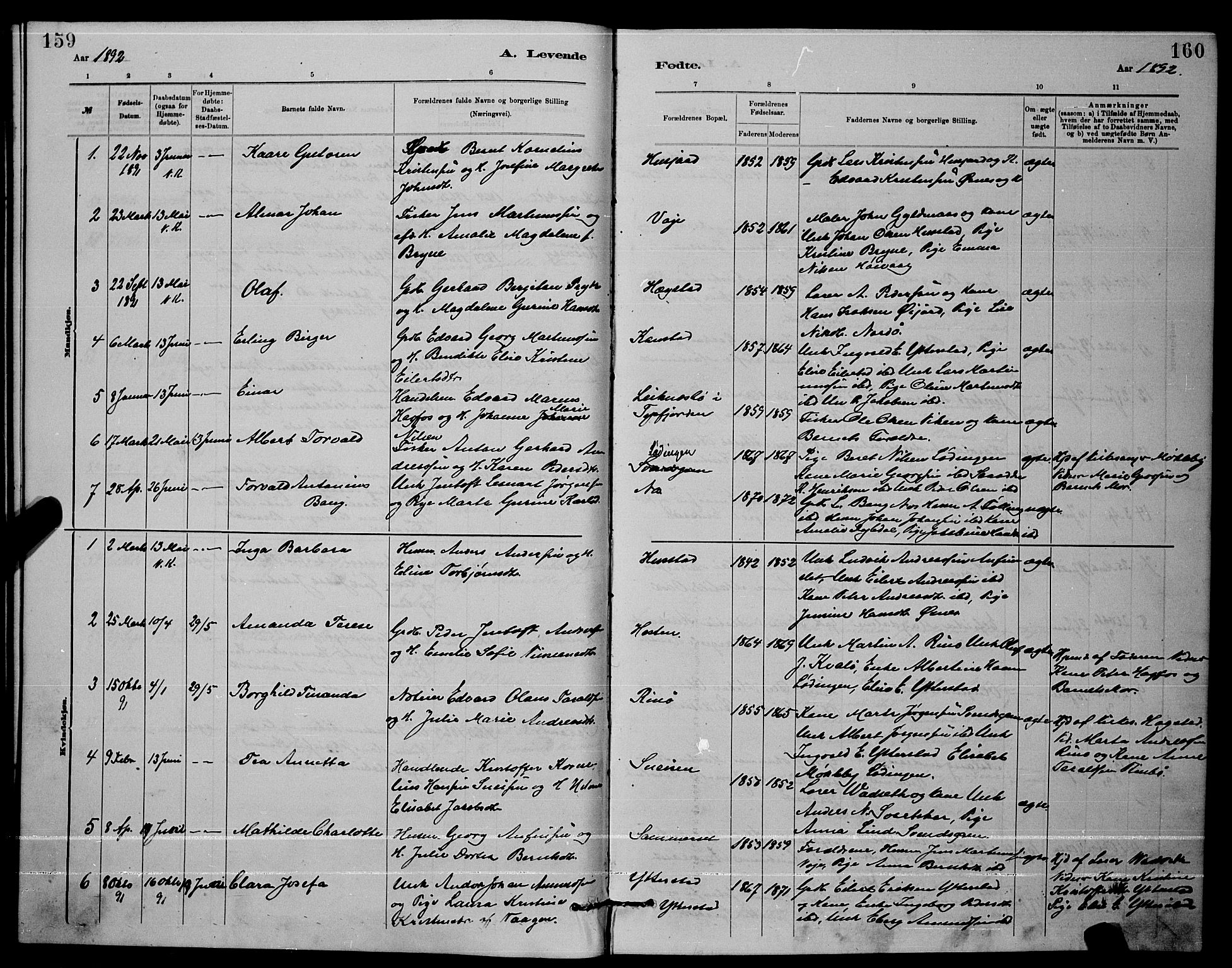 Ministerialprotokoller, klokkerbøker og fødselsregistre - Nordland, AV/SAT-A-1459/872/L1047: Parish register (copy) no. 872C03, 1880-1897, p. 159-160