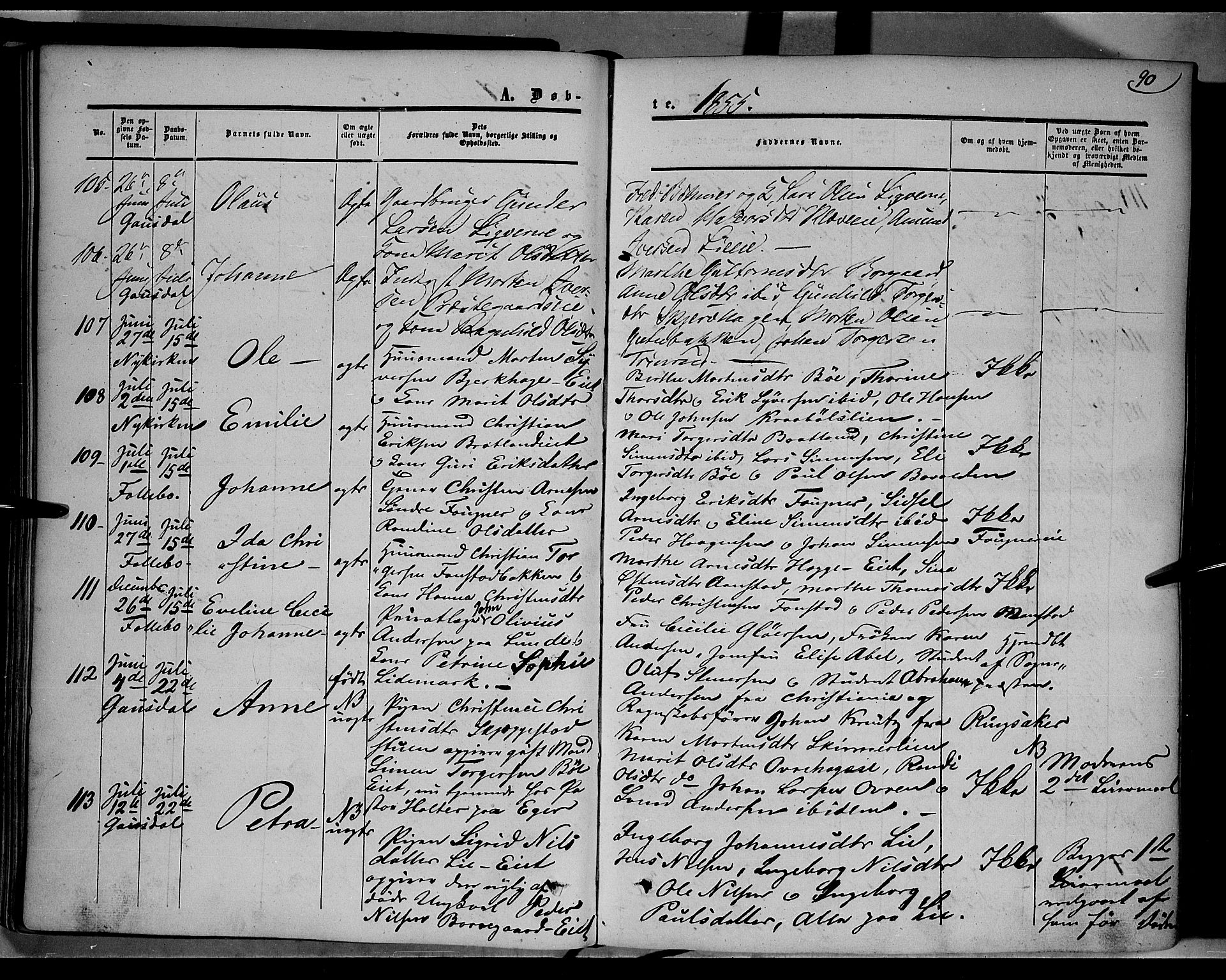 Gausdal prestekontor, SAH/PREST-090/H/Ha/Haa/L0008: Parish register (official) no. 8, 1850-1861, p. 90