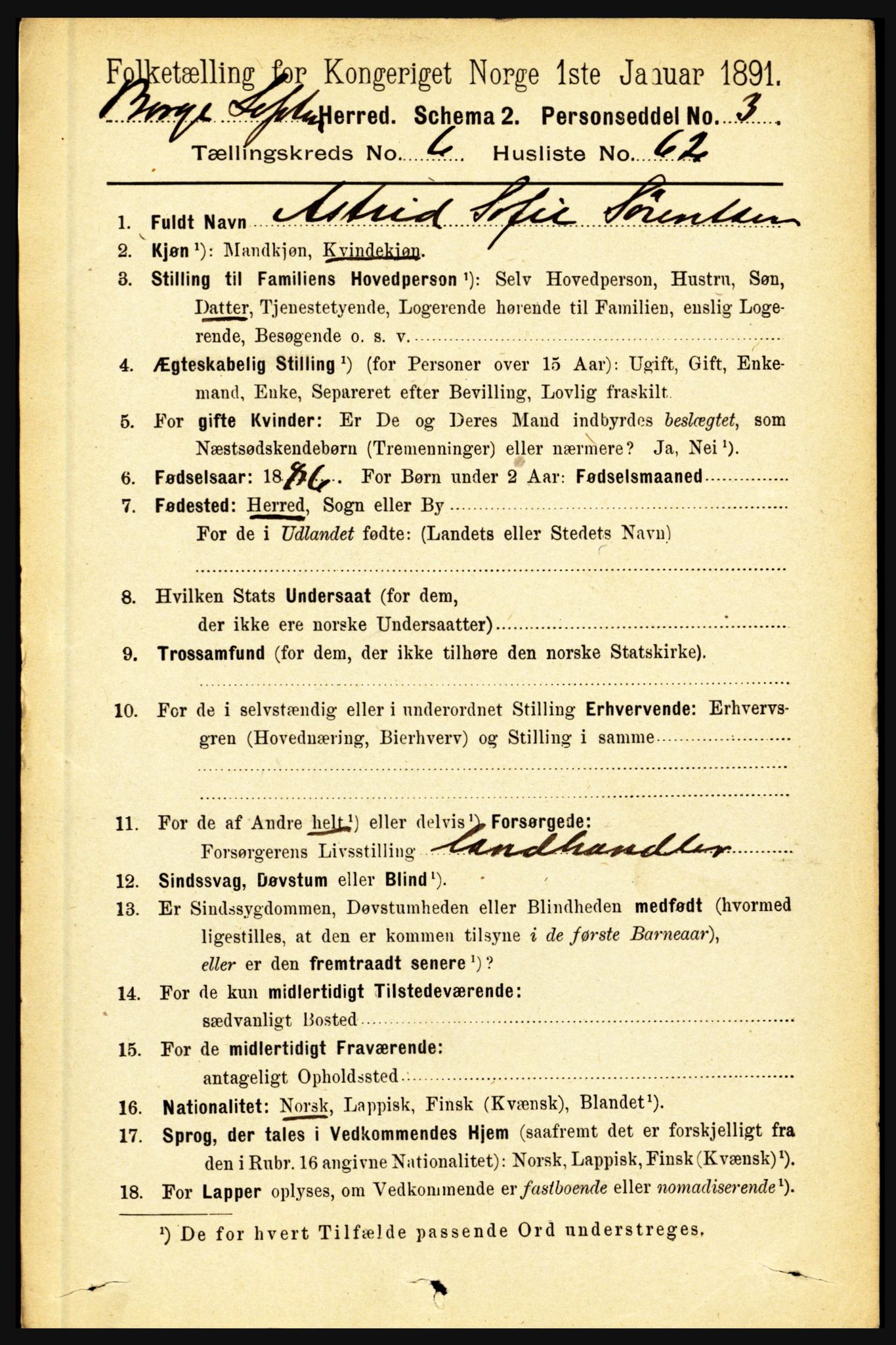 RA, 1891 census for 1862 Borge, 1891, p. 4364