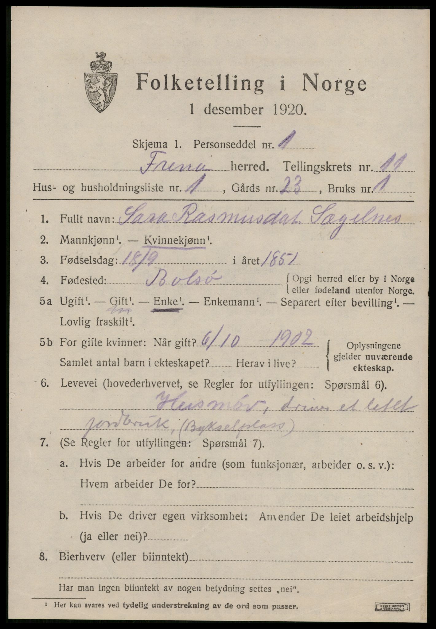 SAT, 1920 census for Fræna, 1920, p. 6057