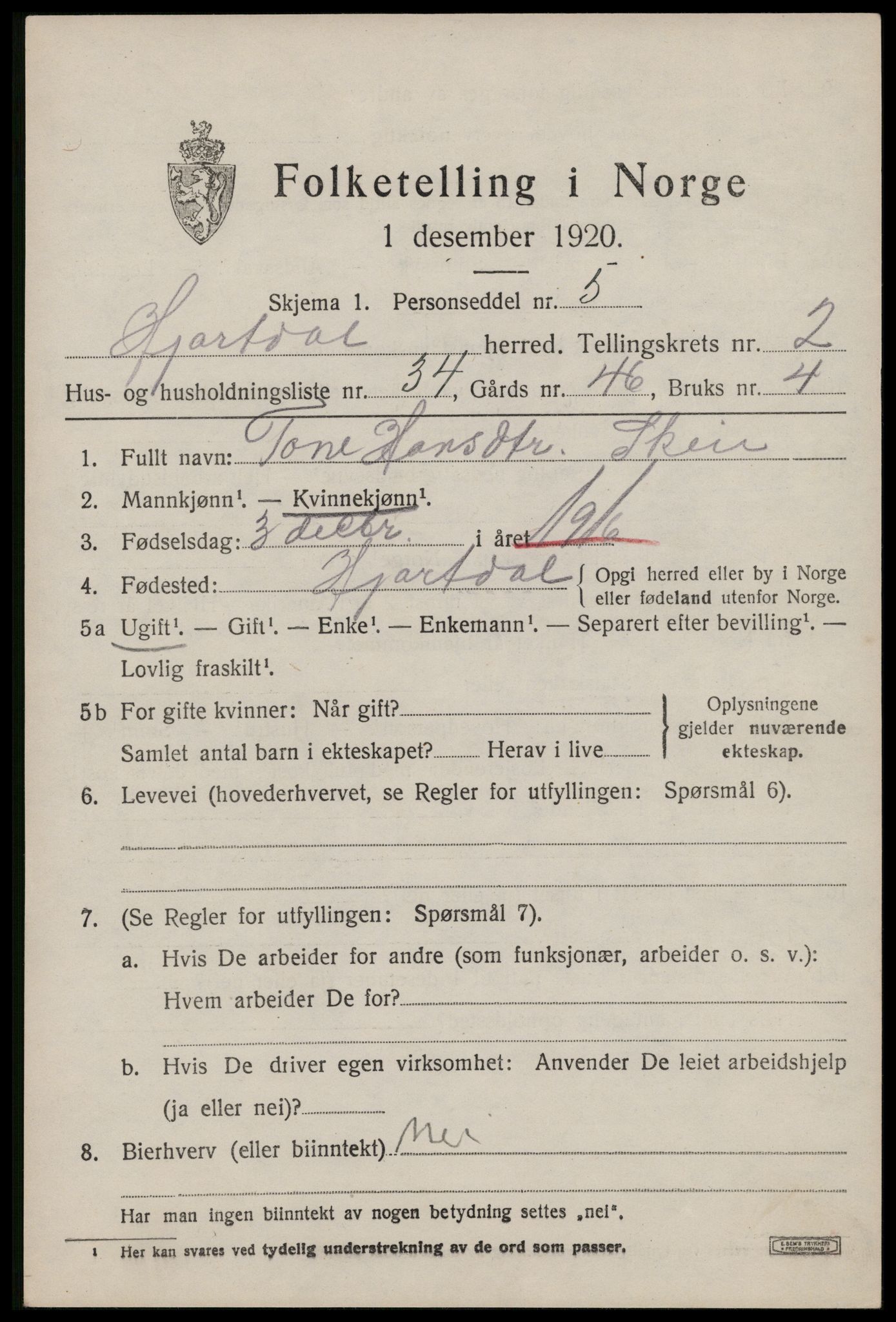 SAKO, 1920 census for Hjartdal, 1920, p. 2186
