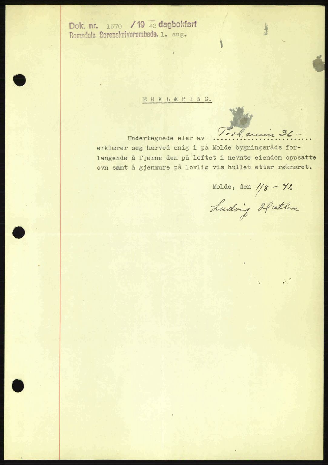 Romsdal sorenskriveri, AV/SAT-A-4149/1/2/2C: Mortgage book no. B2, 1939-1945, Diary no: : 1570/1942