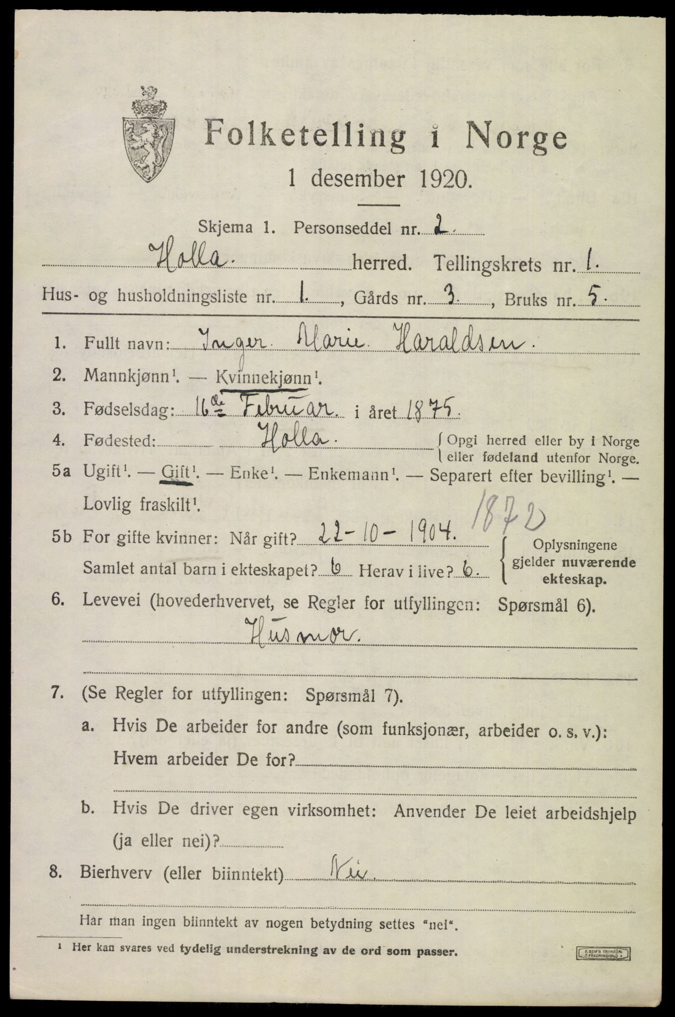 SAKO, 1920 census for Holla, 1920, p. 1397