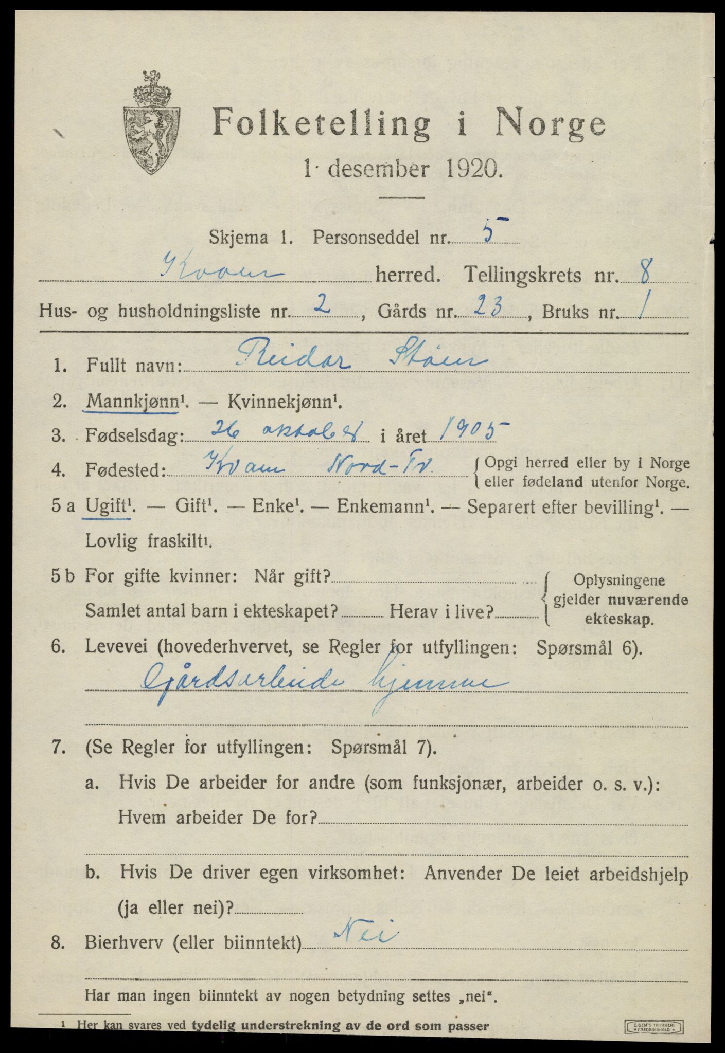 SAT, 1920 census for Kvam, 1920, p. 2007