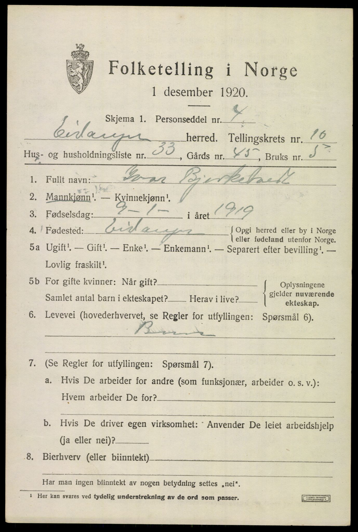 SAKO, 1920 census for Eidanger, 1920, p. 6666