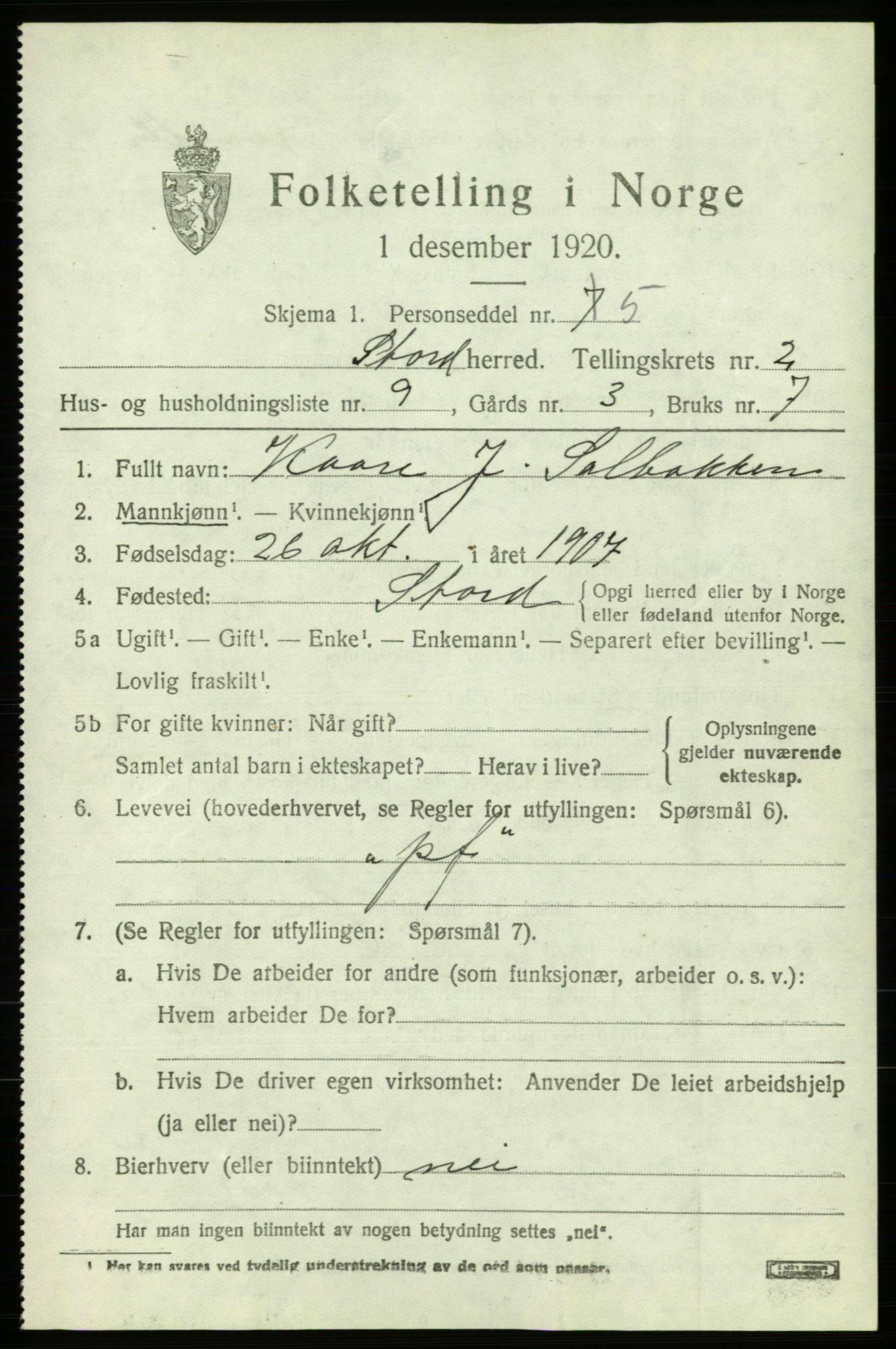 SAB, 1920 census for Stord, 1920, p. 1671